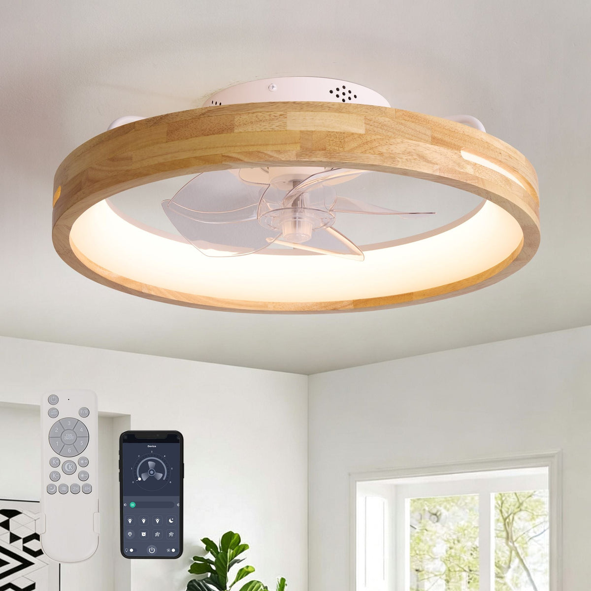 Aeria 19.7" Modern Simple Deluxe Ceiling Fan with LED Light — wood grain round frame, enclosed low profile blades, ring light, remote and app control, minimalist white room | CARRA HOME