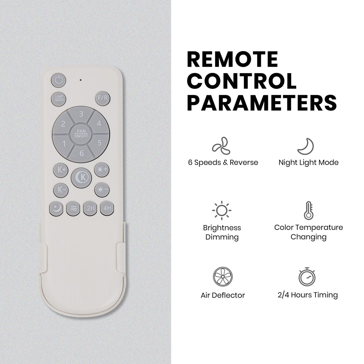 Aeria Ceiling Fan remote control parameters — 6 speeds and reverse, night light mode, brightness dimming, color temperature changing, air deflector, 2/4 hours timing | CARRA HOME