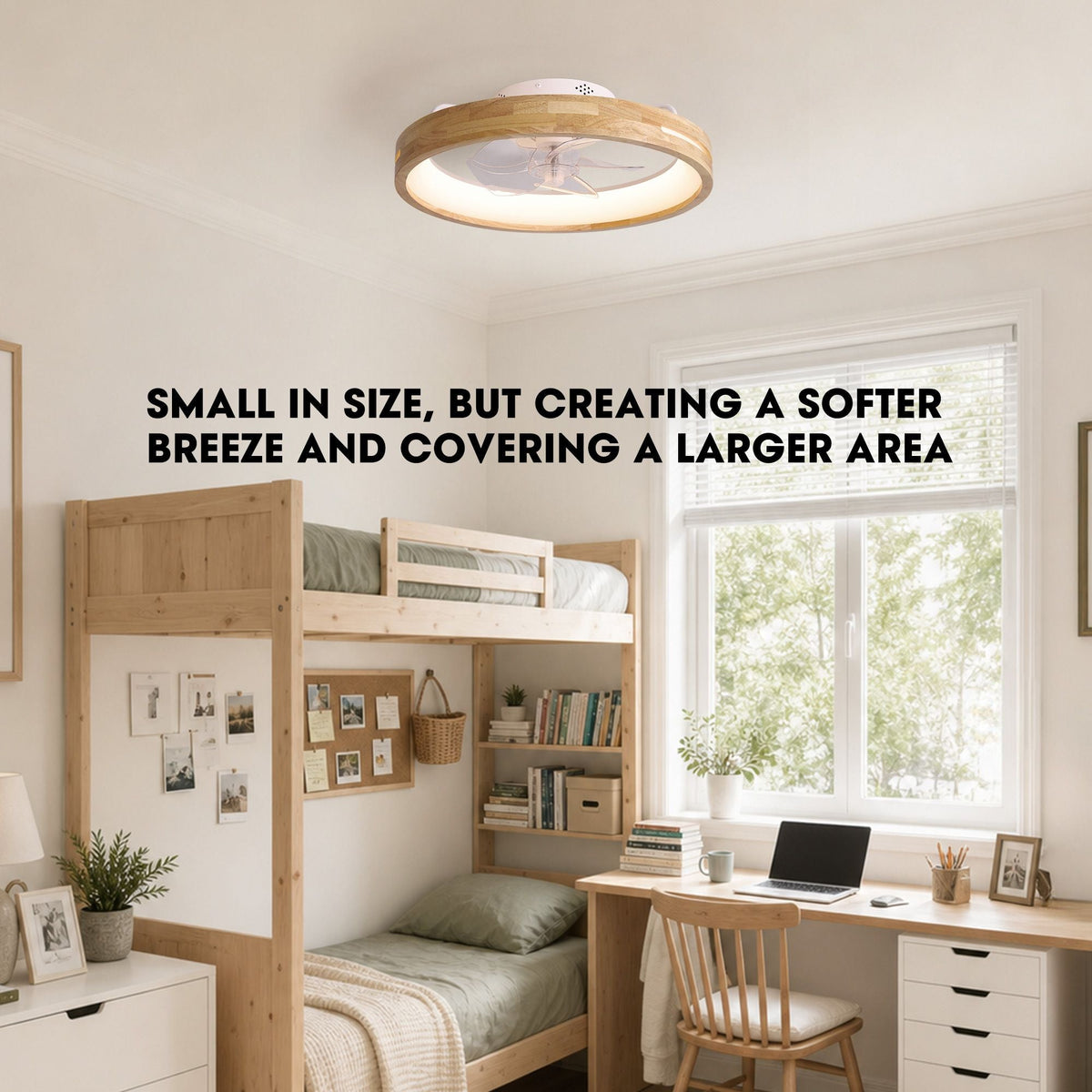 Aeria compact ceiling fan — small in size but creating softer breeze and covering larger area, ideal for kids study and bunk bedroom | CARRA HOME