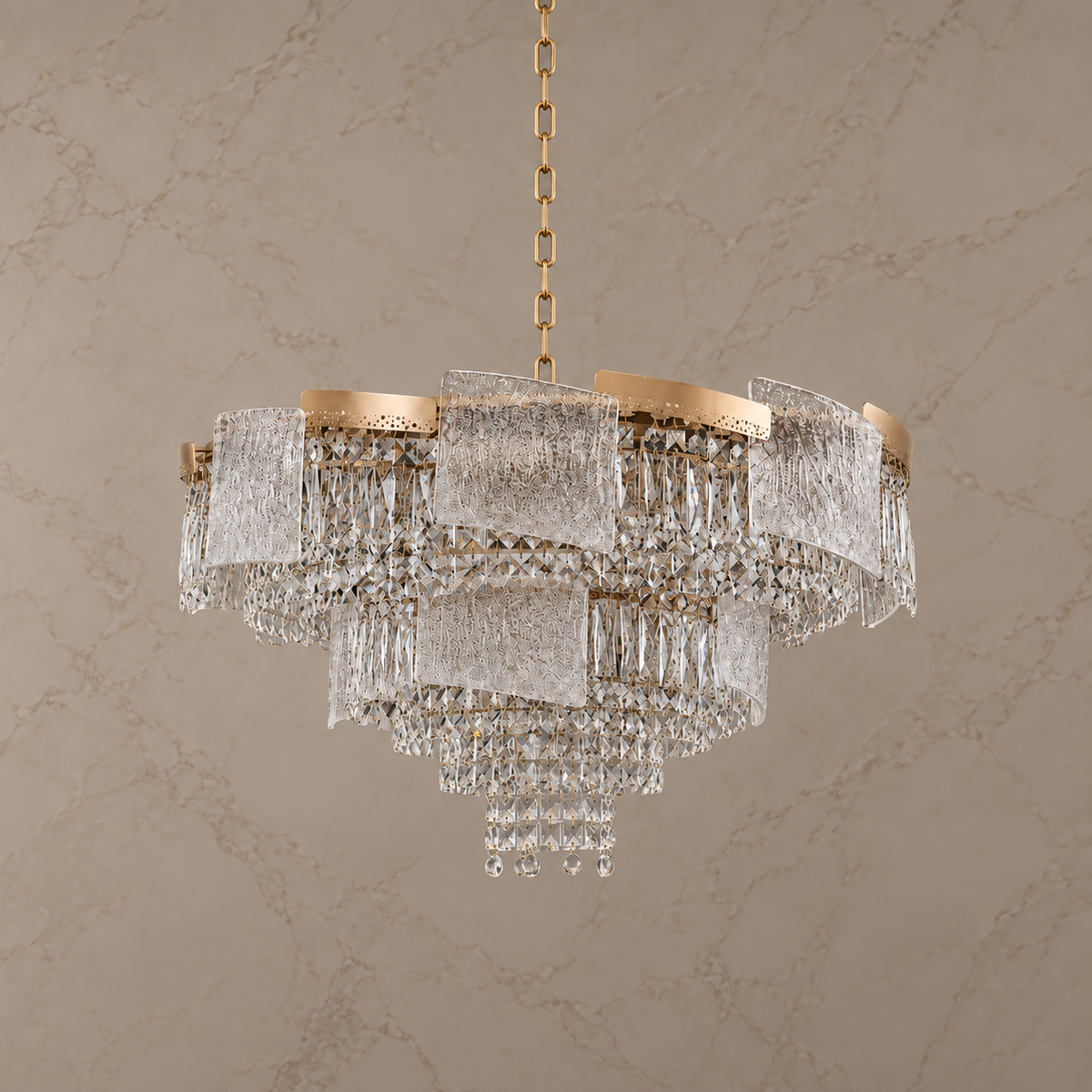 aeria tiered crystal chandelier gold 80cm light off