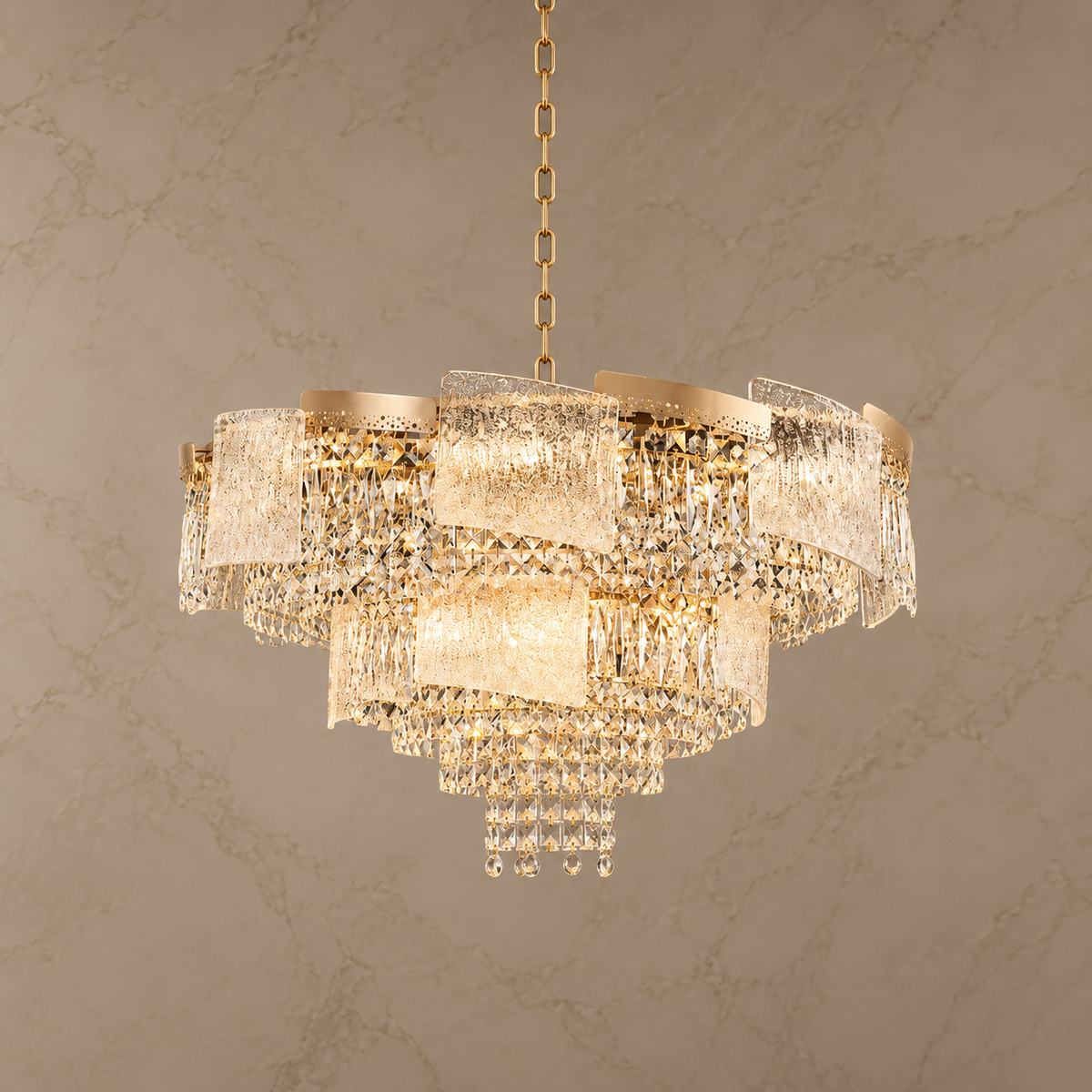 aeria tiered crystal chandelier gold 80cm light on
