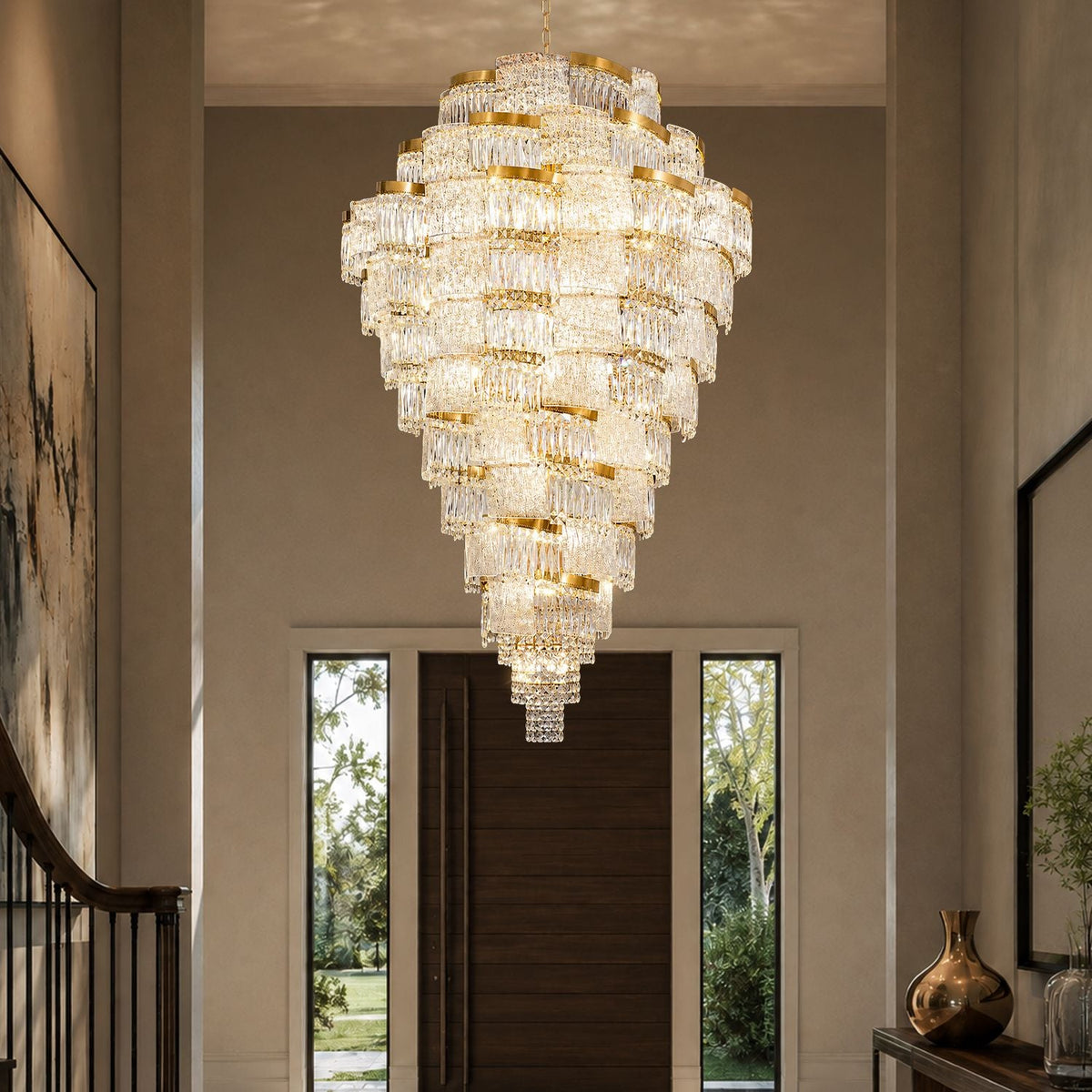 Aerioz Gold K9 Crystal Staircase Chandelier in a foyer