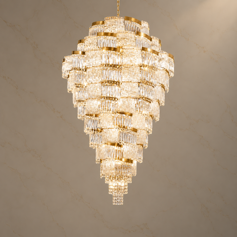 Aerioz Gold K9 Crystal Waterfall Chandelier illuminated