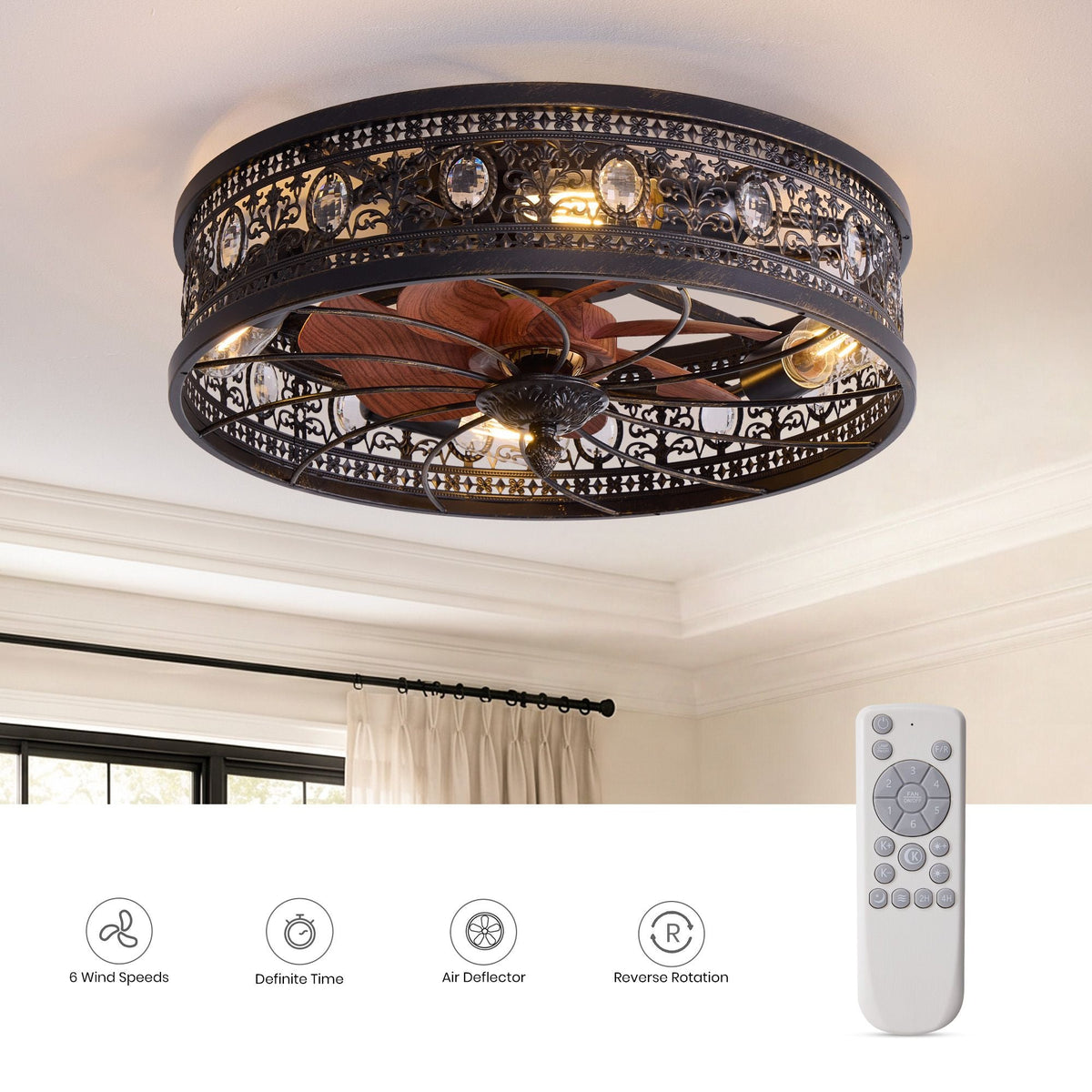 Aerof Caged Ceiling Fan features — 6 wind speeds, definable timer, air deflector, reverse rotation, remote control for convenient operation | CARRA HOME