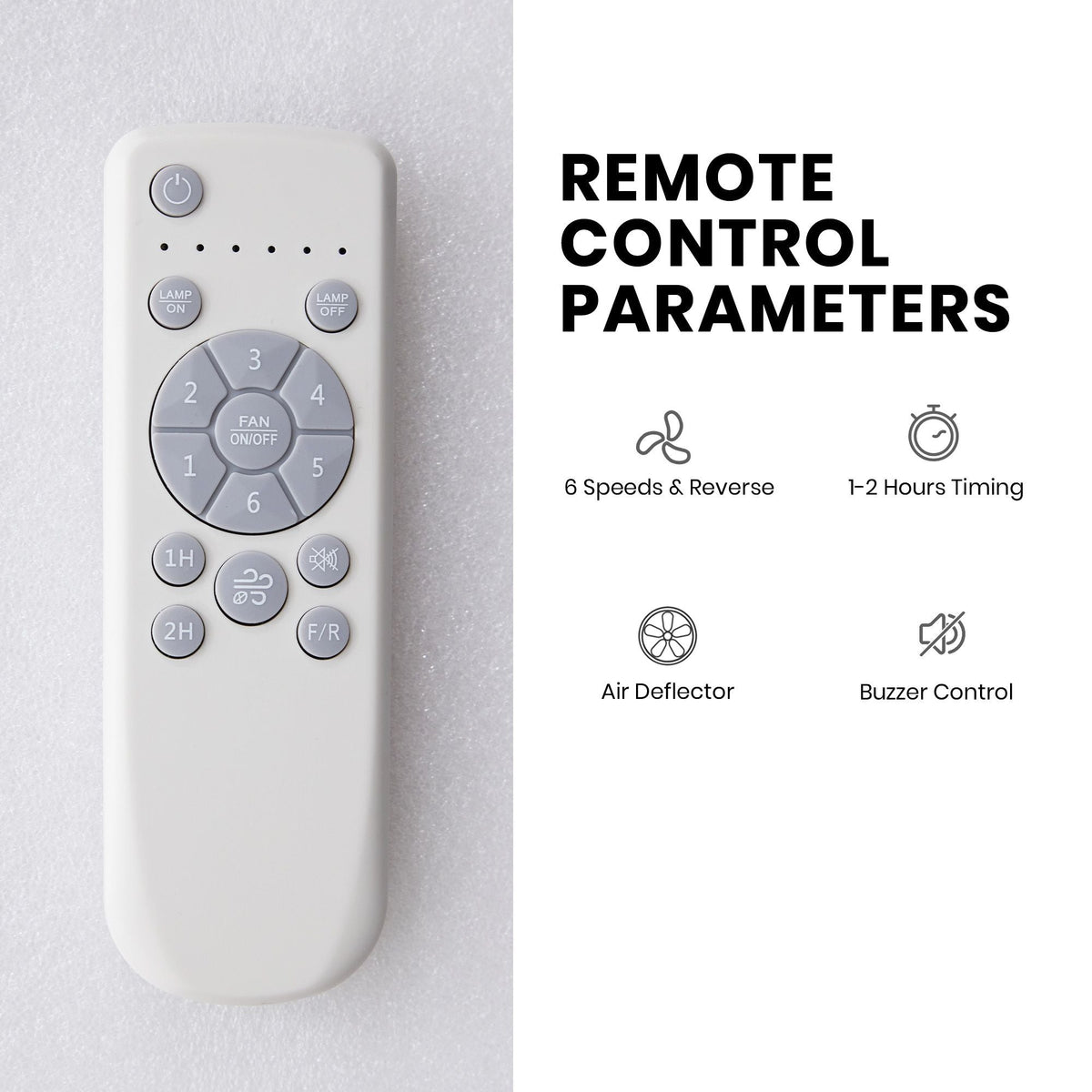 Aerof Ceiling Fan remote control parameters — 6 speeds, reverse function, 1-2 hours timing, air deflector, buzzer control, white ergonomic remote | CARRA HOME