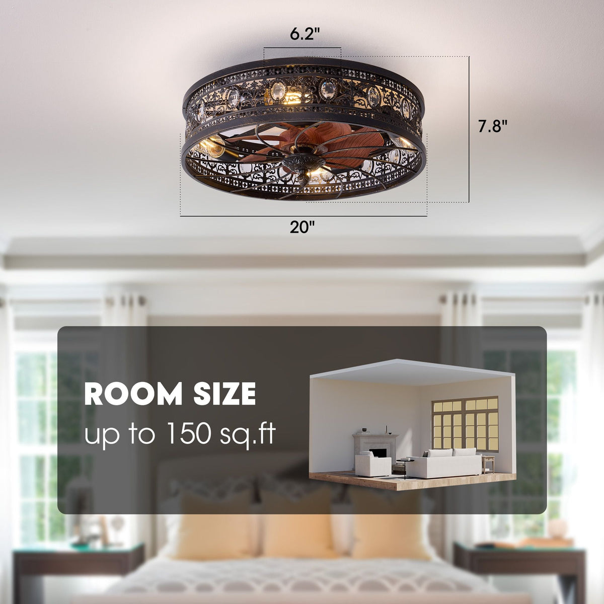 Aerof Caged Ceiling Fan dimensions — 20" diameter, 7.8" height, 6.2" canopy, suitable for rooms up to 150 sq.ft, low profile flush mount design | CARRA HOME