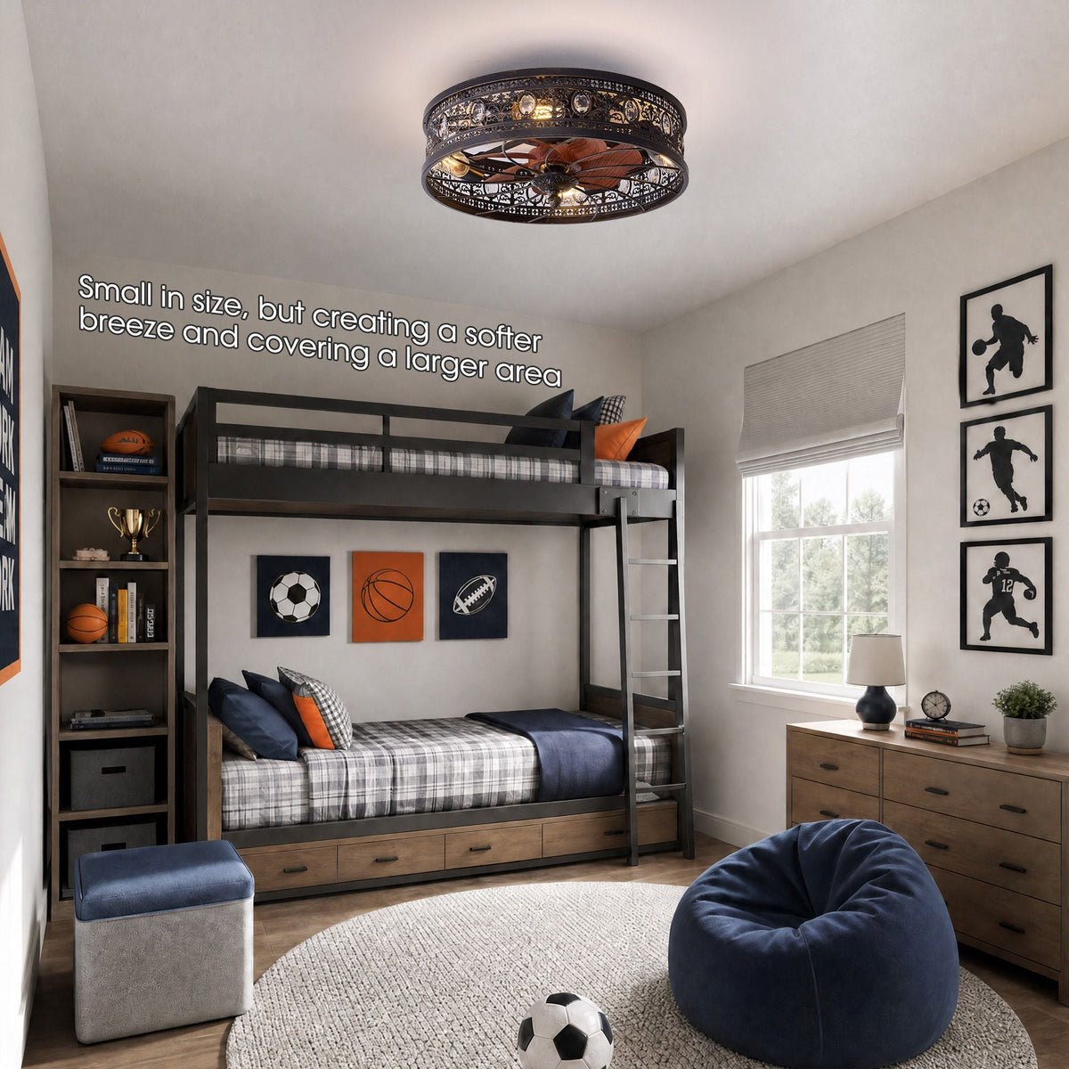 Aerof compact caged ceiling fan — small in size but creates softer breeze covering larger area, ideal for kids bedroom with bunk bed and sports decor | CARRA HOME