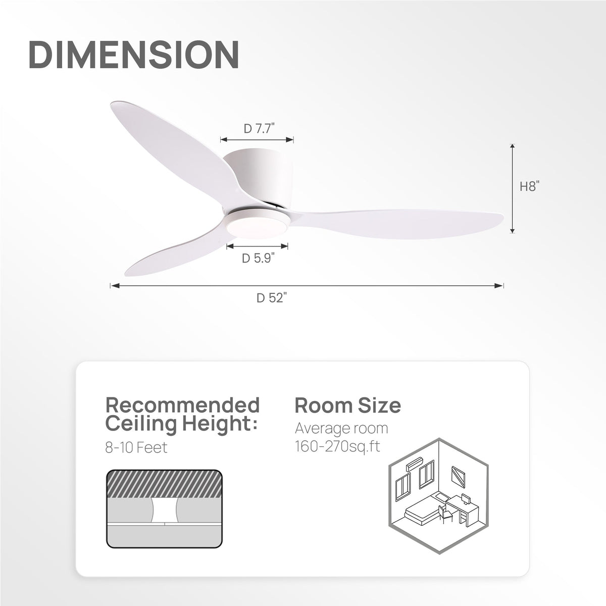Aeroform 52" White Flush Mount Ceiling Fan dimensions — 52" diameter, 8" height, recommended ceiling height 8–10 ft, perfect for large rooms 160–270 sq ft | CARRA HOME