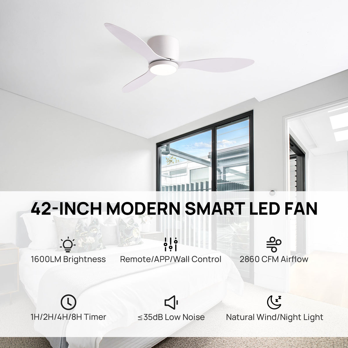 Aeroform 42 Inch Ceiling Fan key features — 1600LM brightness, 2860 CFM airflow, 6 speeds, 3 color temps, reversible motor, dimmable, timer, remote/wall/app control | CARRA HOME