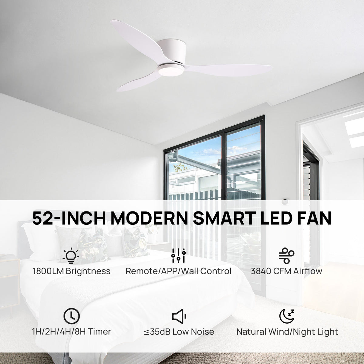Aeroform 52 Inch Ceiling Fan key features — 1800LM brightness, 3840 CFM airflow, 6 speeds, 3 color temps, reversible motor, dimmable, timer, remote/wall/app control | CARRA HOME