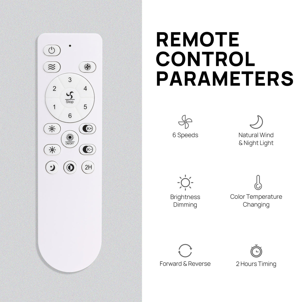 Aeroform Ceiling Fan remote control parameters — 6 speeds, natural wind & night light, brightness dimming, color temperature changing, forward/reverse, 2-hour timer | CARRA HOME