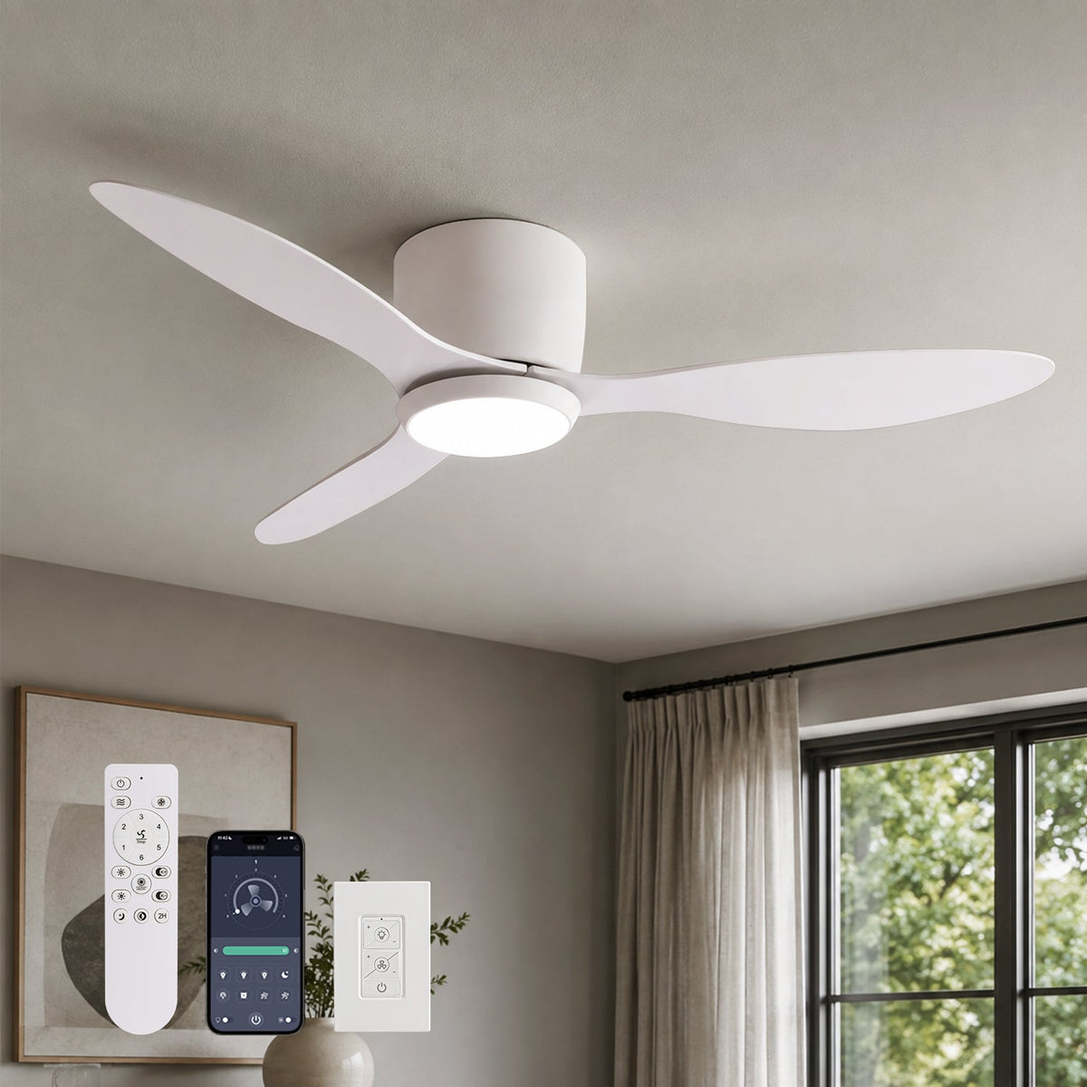 Aeroform White Flush Mount Ceiling Fan with integrated LED light, 3-blade design, remote/wall/app control, ultra-quiet DC motor for modern homes | CARRA HOME