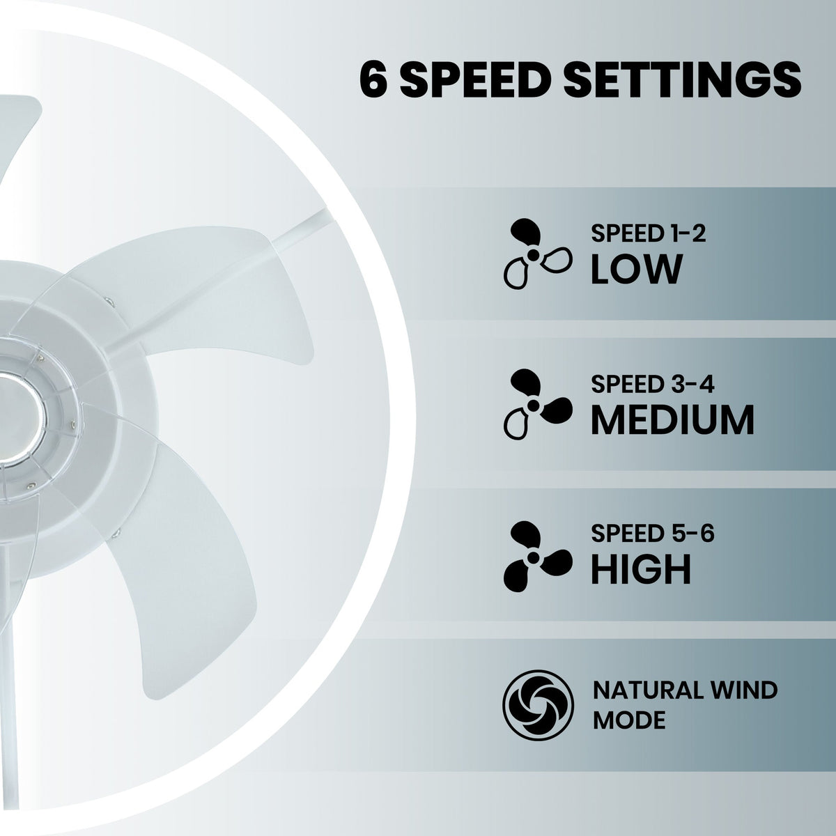 Aeros Fan 6 speed settings — Speed 1-2 Low, Speed 3-4 Medium, Speed 5-6 High, plus Natural Wind Mode for customizable airflow comfort | CARRA HOME