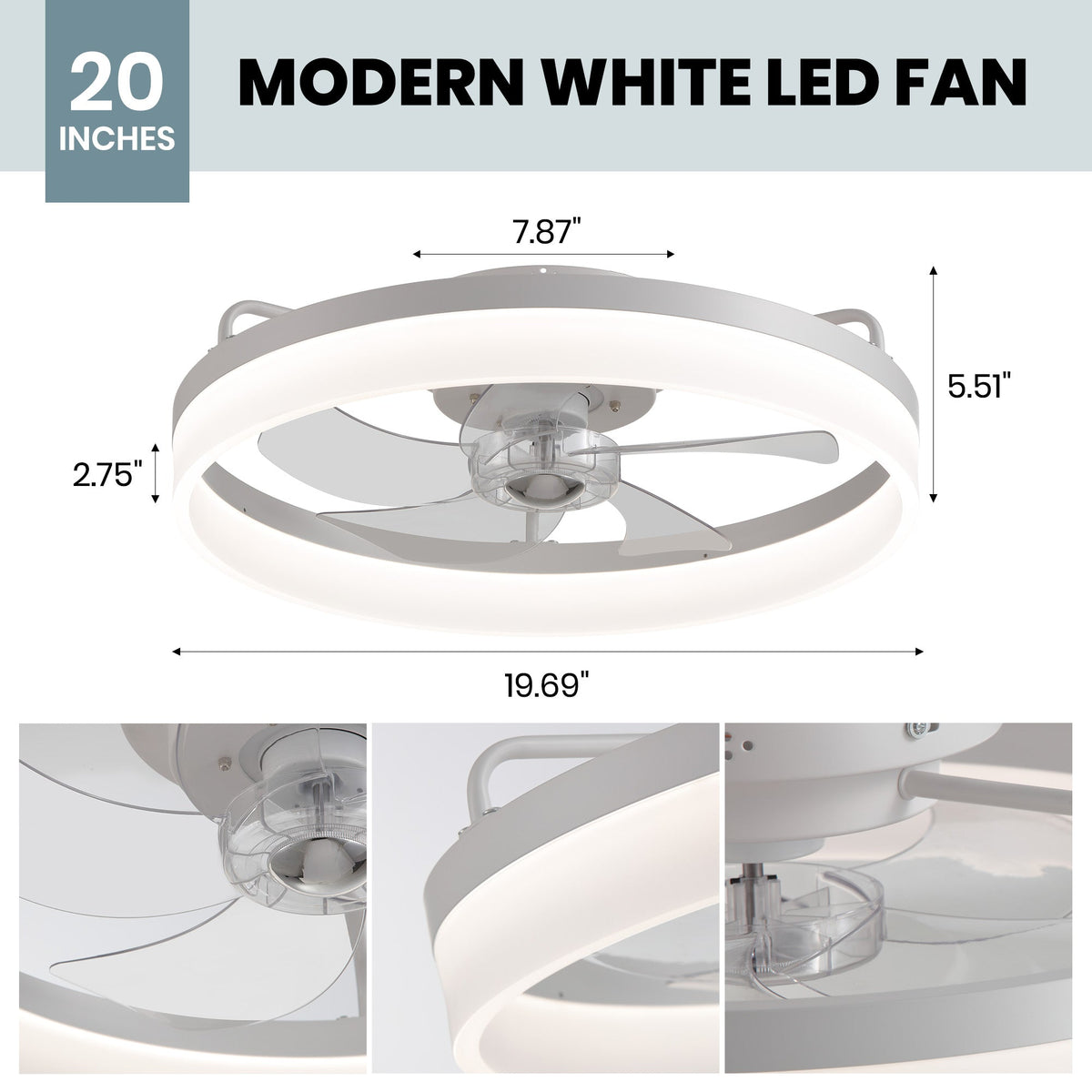 Aeros 19.69" Ceiling Fan dimensions — 19.69" diameter, 5.51" height, 2.75" depth, 34W integrated LED, ideal for rooms 50-150 sq ft | CARRA HOME