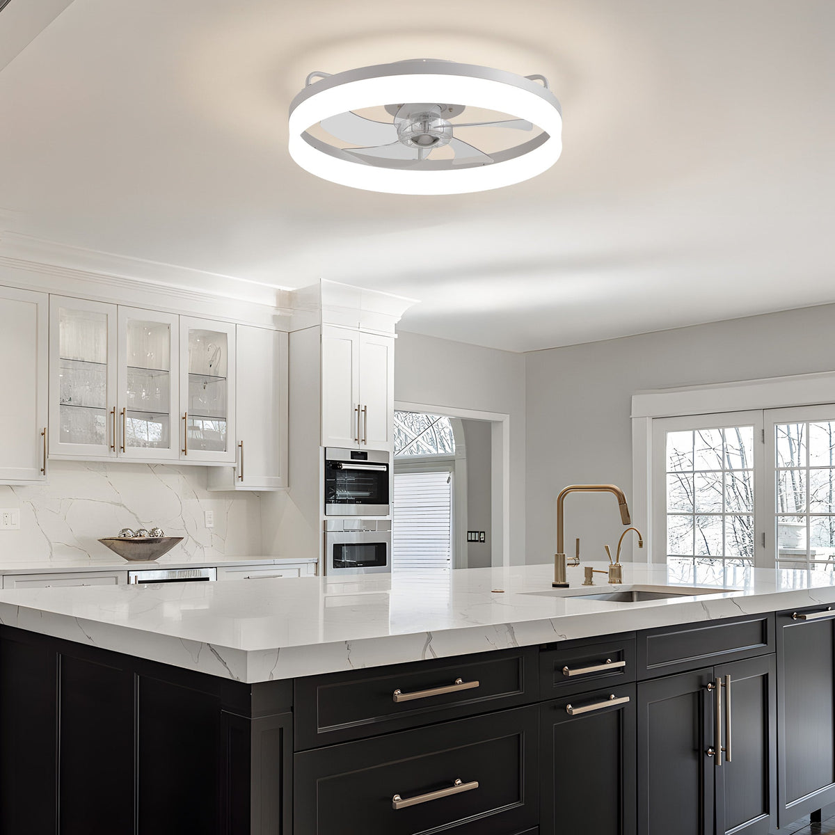Aeros Ceiling Fan in modern kitchen — white cabinetry, marble countertop, gold hardware, provides fresh airflow over island seating area | CARRA HOME