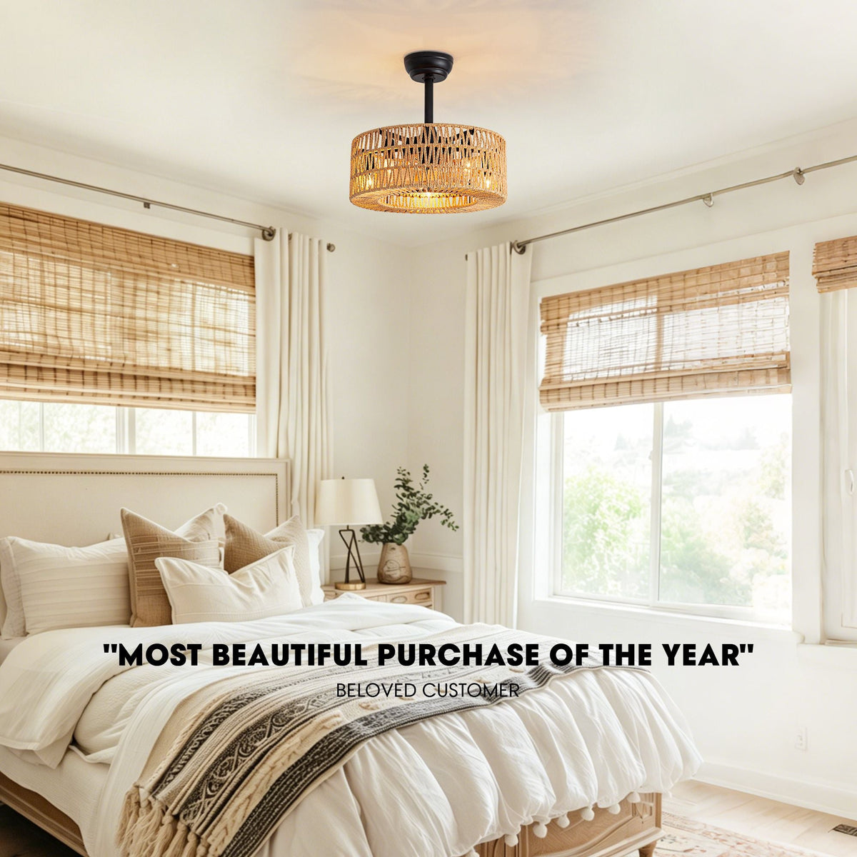 Cozy bedroom with rattan ceiling fan, boho decor, soft lighting, peaceful sleep environment | CARRA HOME