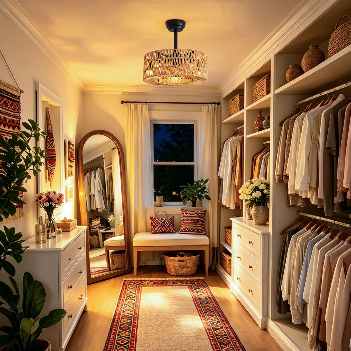 Stylish walk-in closet with farmhouse ceiling fan, bright illumination, organized storage | CARRA HOME