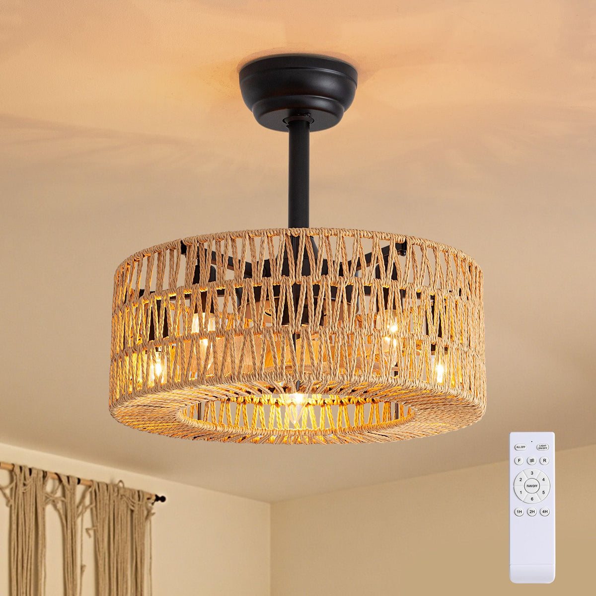 Aerosyn 20" rattan woven ceiling fan with light, modern farmhouse style, remote control, warm glow | CARRA HOME