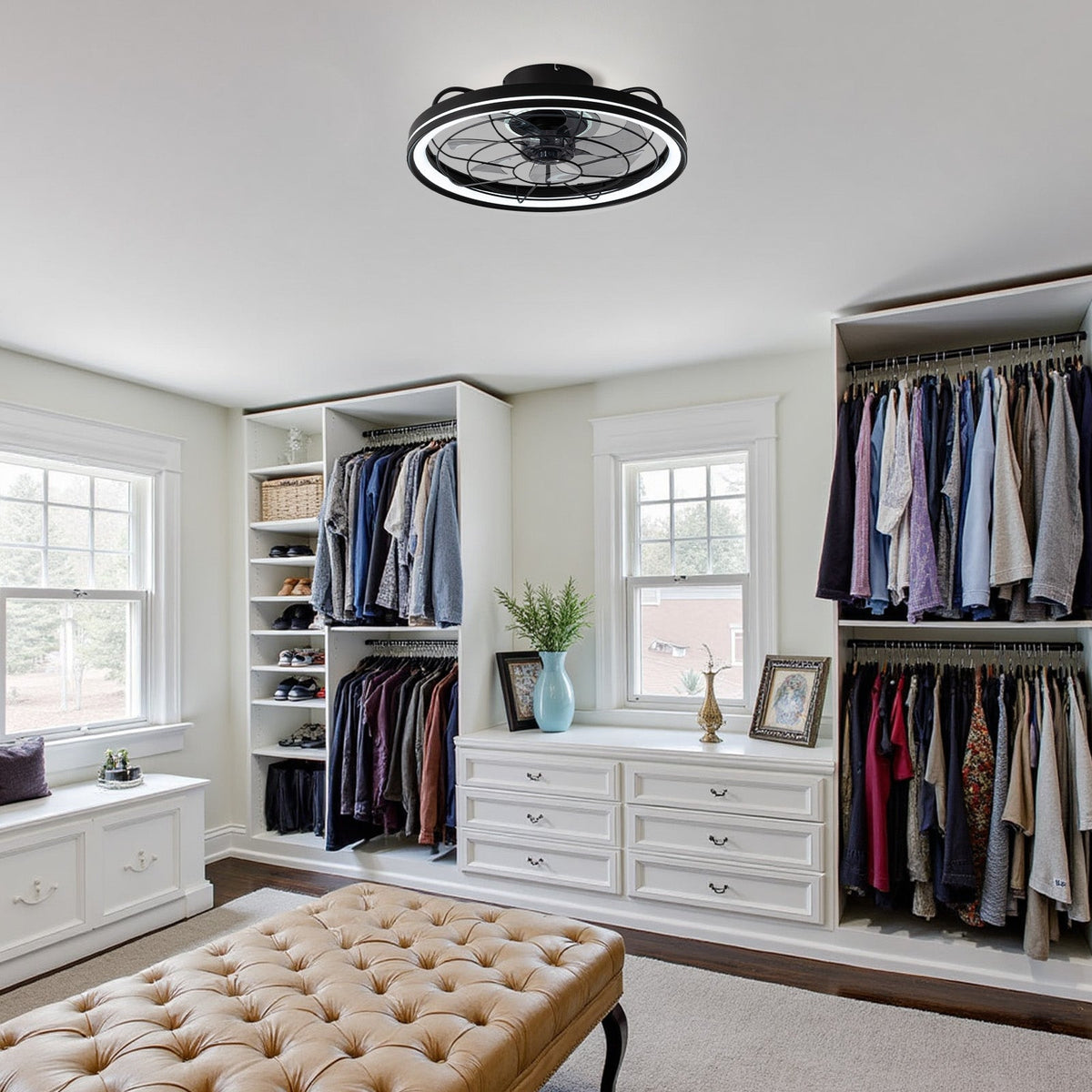 Aerox Ceiling Fan in walk-in closet — white cabinetry, organized clothes, beige ottoman, efficient airflow for ventilation, compact design fits small spaces | CARRA HOME