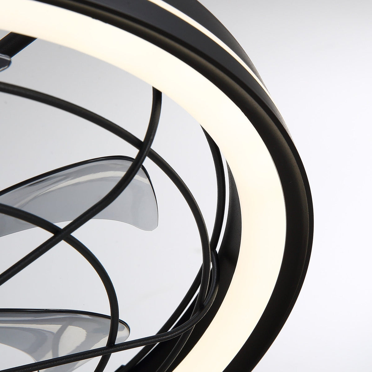 Close-up of Aerox Caged Fan — black metal frame, curved protective cage, integrated LED ring, secure blade mounting, premium build quality | CARRA HOME