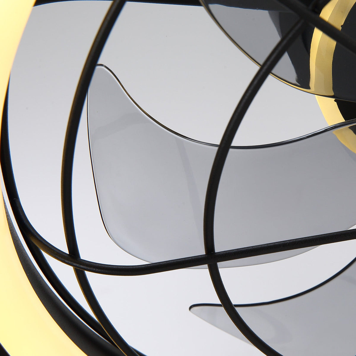 Aerox Fan Blade & Cage Detail — aerodynamic ABS blades, safety cage design, seamless LED integration, modern farmhouse aesthetic with industrial edge | CARRA HOME