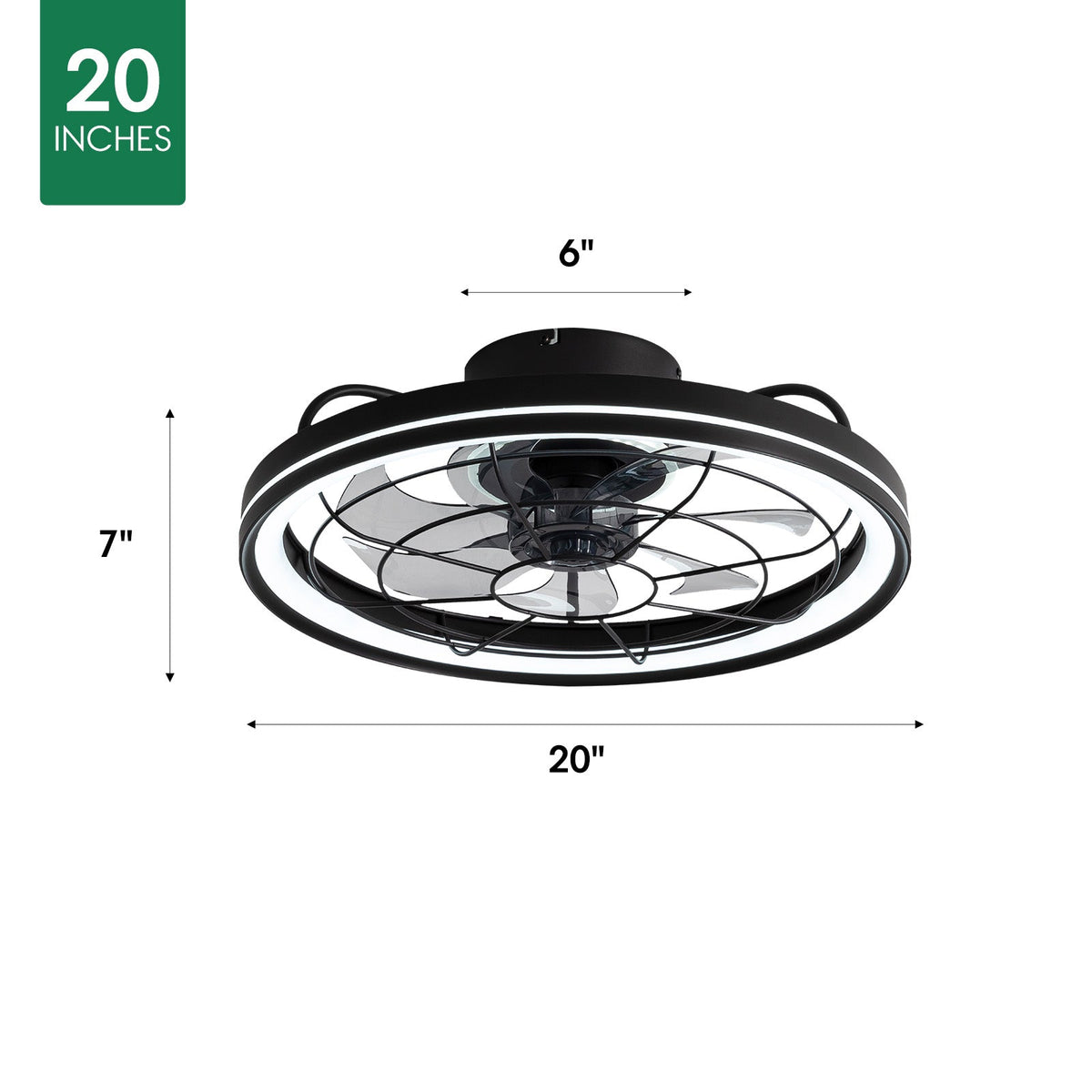 Aerox 20" Caged Ceiling Fan Dimensions — 20" diameter, 7" height, ideal for rooms 100–200 sq ft, recommended ceiling height 8–10 ft | CARRA HOME