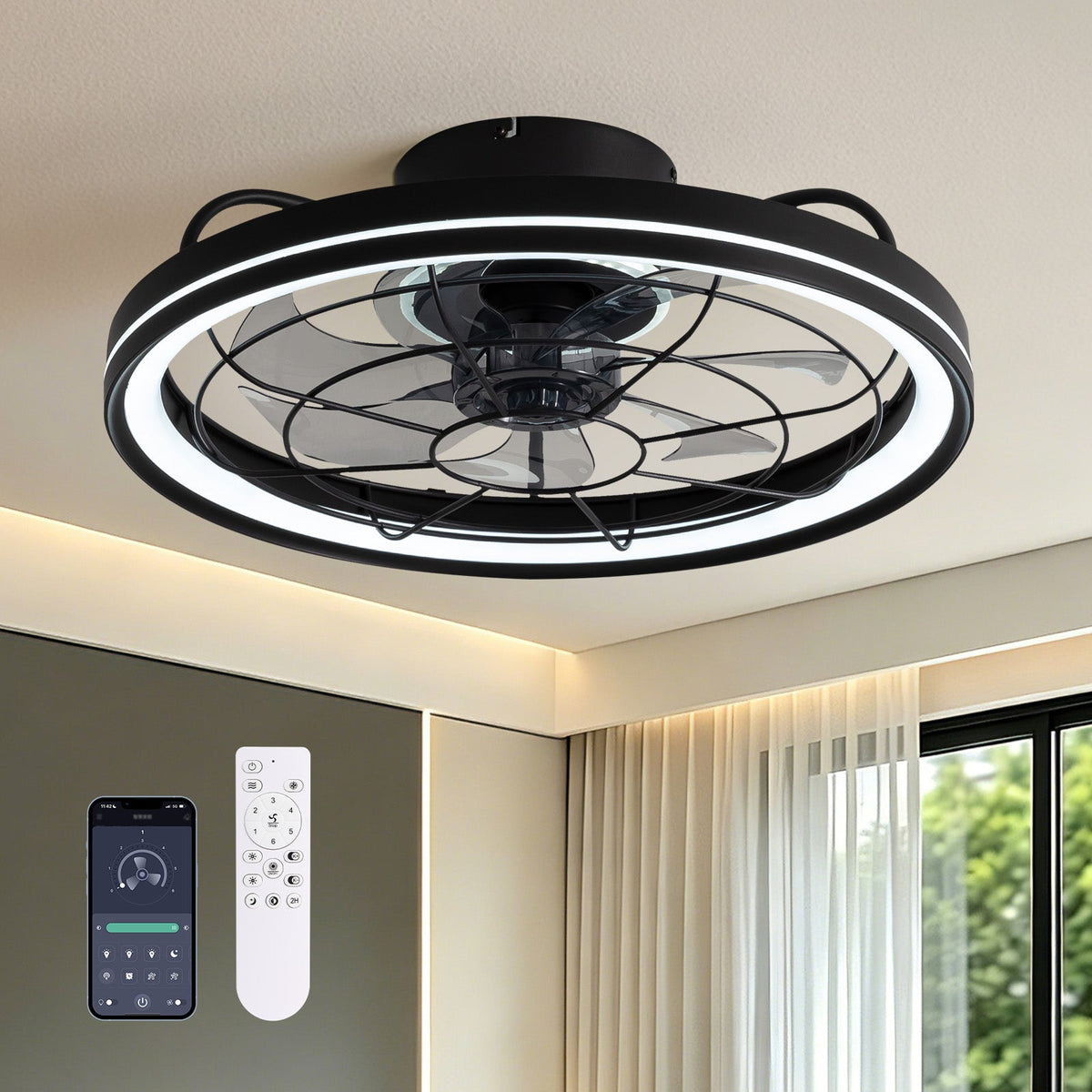 Aerox Modern Farmhouse Caged Ceiling Fan with Integrated LED Light — black finish, smart app/remote control, reversible DC motor, 6 speeds, dimmable, for bedroom/living room/cloakroom | CARRA HOME