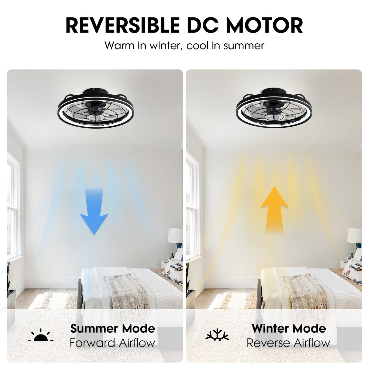 Aerox Reversible DC Motor — Summer Mode (forward airflow cools), Winter Mode (reverse circulates warm air), energy-efficient for all seasons | CARRA HOME