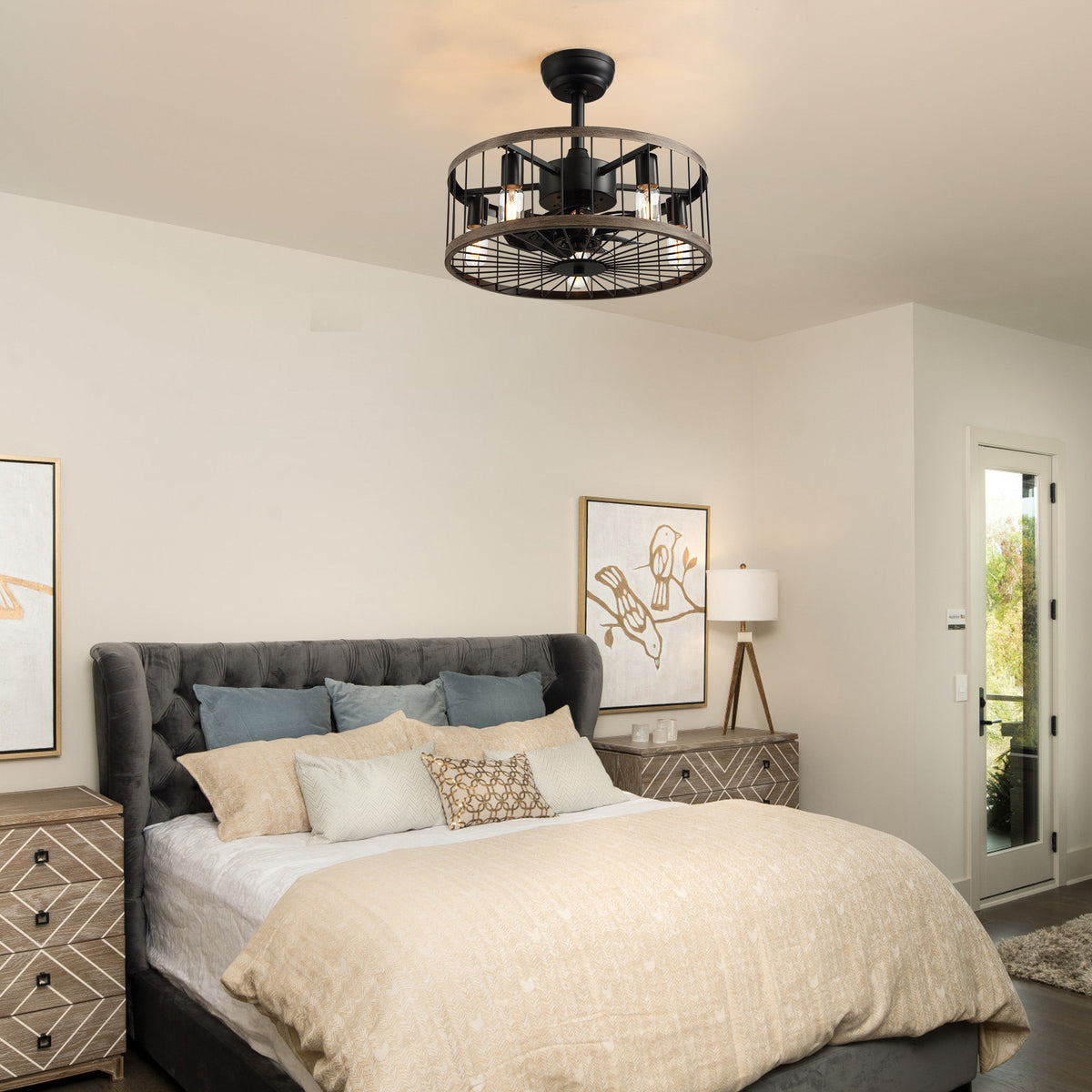 Aerozen ceiling fan in farmhouse bedroom — upholstered headboard, layered bedding, bird wall art, quiet 10dB operation for restful sleep, remote control convenience | CARRA HOME