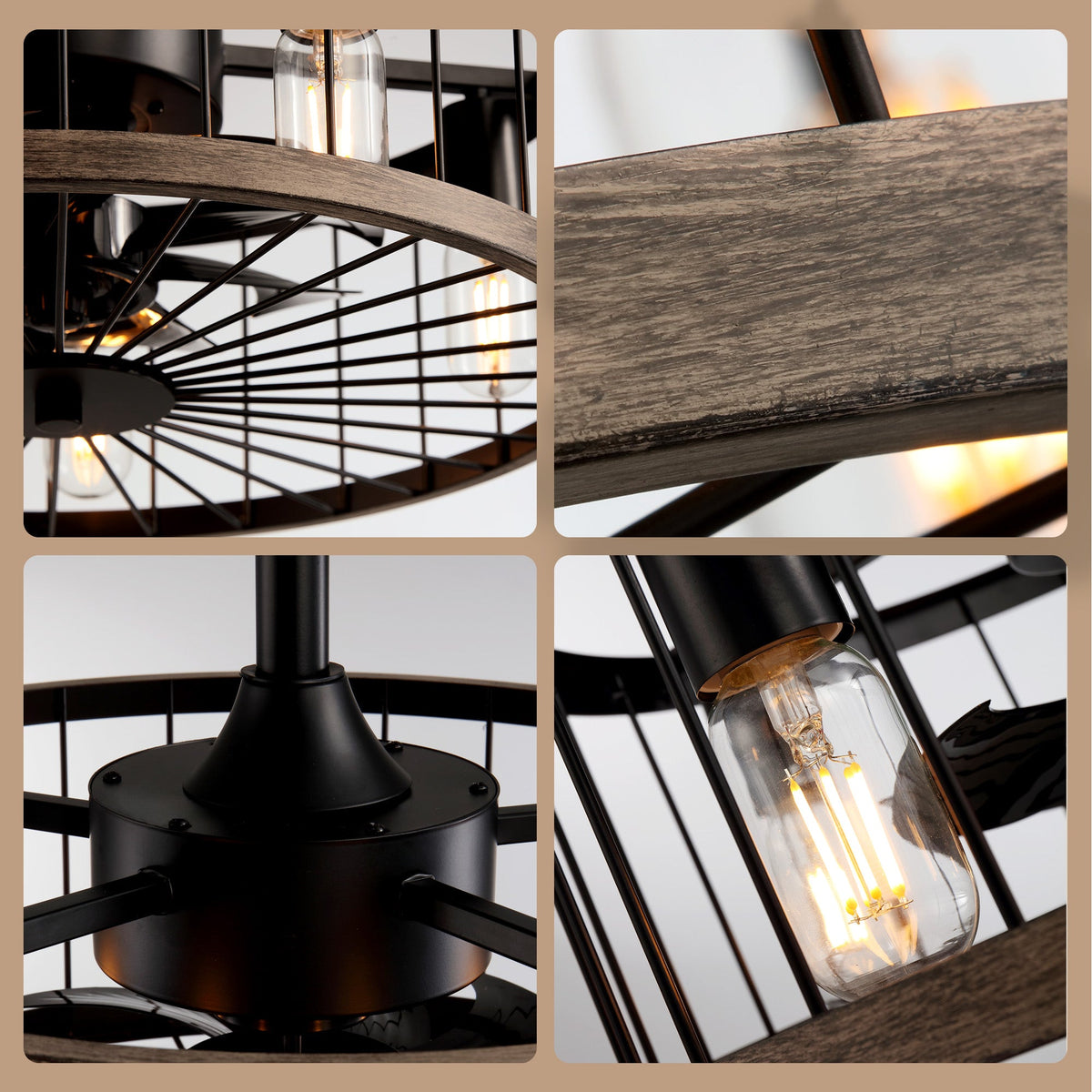 Aerozen close-up detail — black metal drum cage, vintage Edison filament bulbs, wooden grain ring, remote control, blend of industrial and farmhouse craftsmanship | CARRA HOME