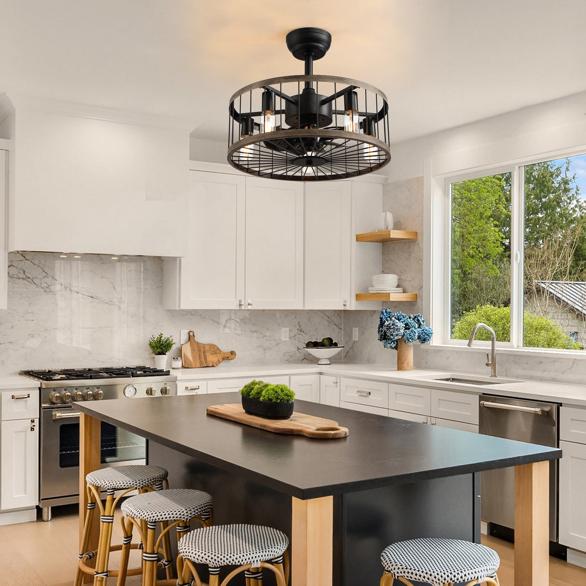 Aerozen caged ceiling fan in modern kitchen — marble island, rattan bar stools, stainless steel appliances, natural light, efficient airflow over cooking area | CARRA HOME