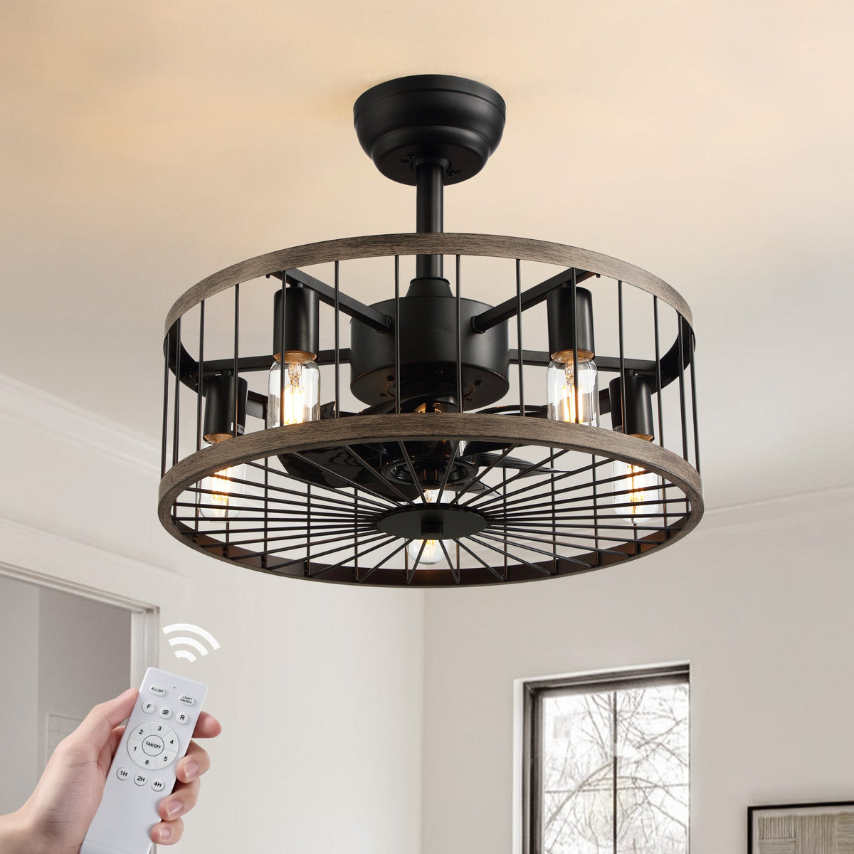 Aerozen 20" Modern Farmhouse Drum Caged Ceiling Fan with Light — black metal cage, Edison bulbs, remote control, industrial vintage style for bedroom living room kitchen | CARRA HOME