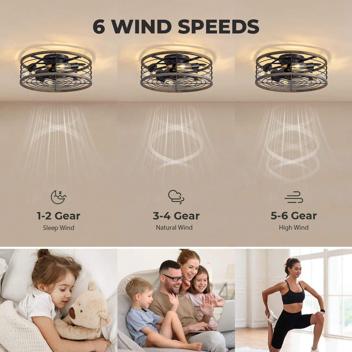 Aerux 6 wind speeds — Gear 1-2 Sleep Wind for peaceful rest, Gear 3-4 Natural Wind for family time, Gear 5-6 High Wind for active movement, customizable comfort | CARRA HOME