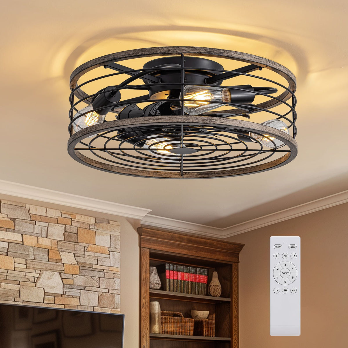 Aerux 20" modern light blue low profile ceiling fan with color-changing LED light — remote control, Edison-style bulbs, flush mount, quiet DC motor for bedroom living room kitchen | CARRA HOME