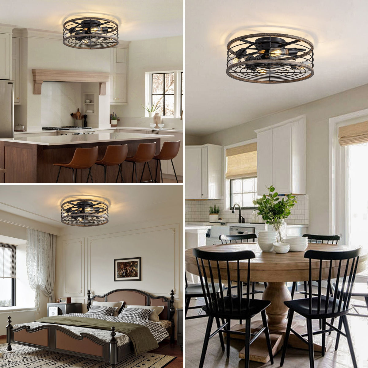 Aerux light blue ceiling fan in 3 rooms — kitchen island with bar stools, farmhouse bedroom with upholstered bed, dining area with white cabinets, versatile modern cooling and lighting | CARRA HOME