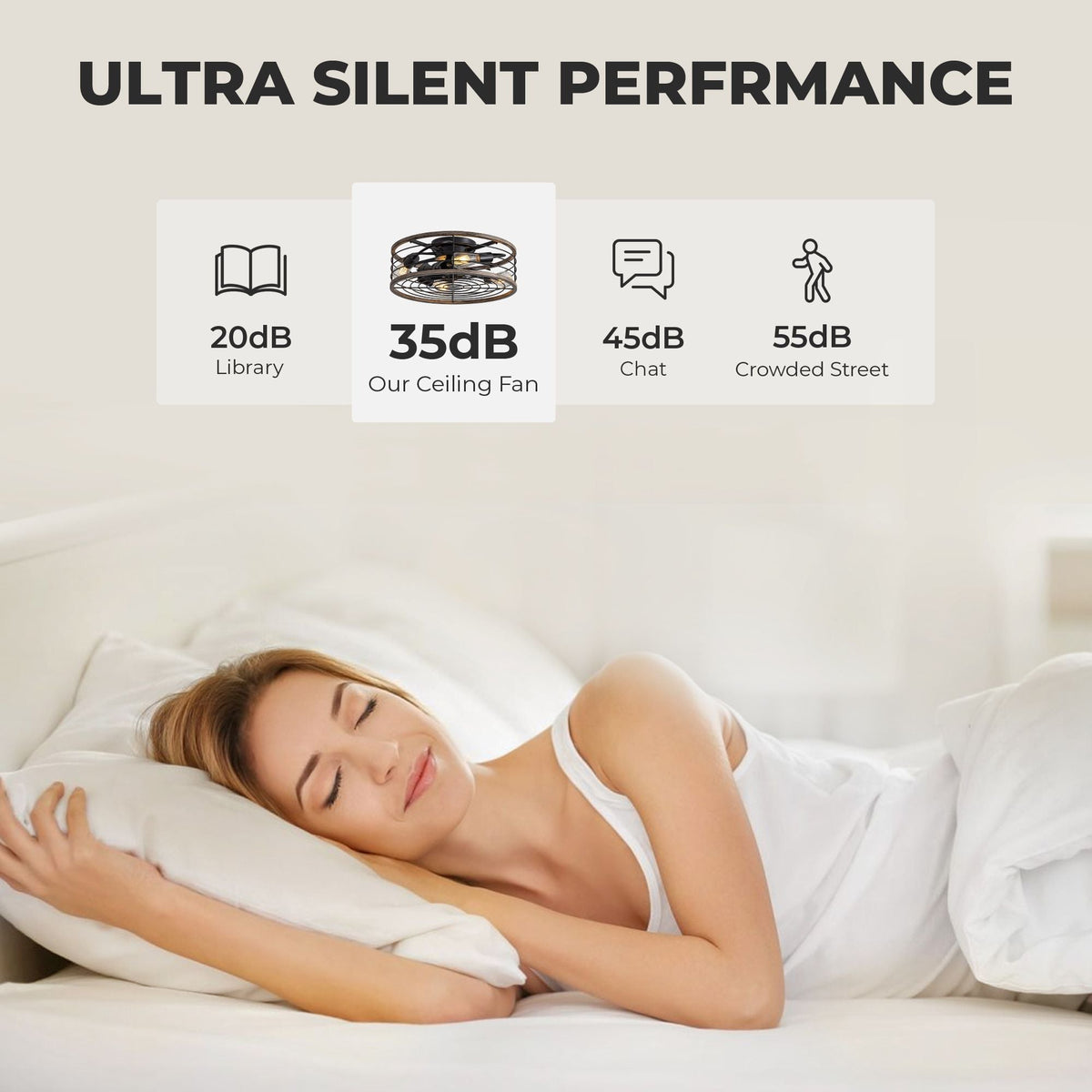 Aerux ultra-quiet performance at 35dB — quieter than a library (20dB reference), ideal for light sleepers, bedroom comfort, peaceful rest with remote-controlled convenience | CARRA HOME