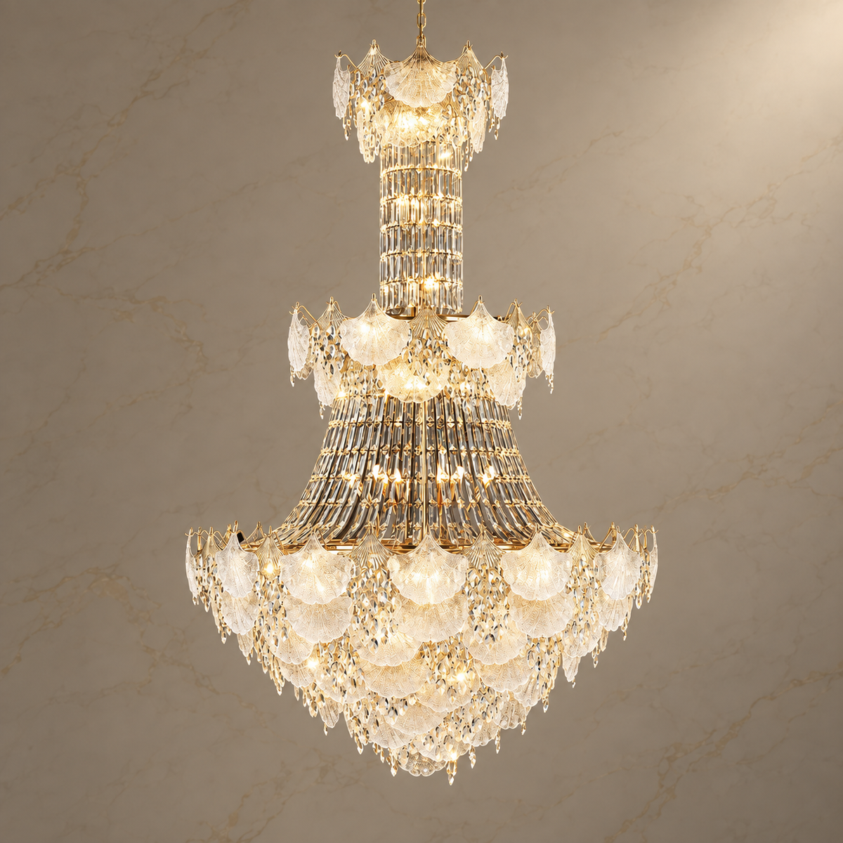 Aerux Gold Crystal Grand Chandelier with lights on
