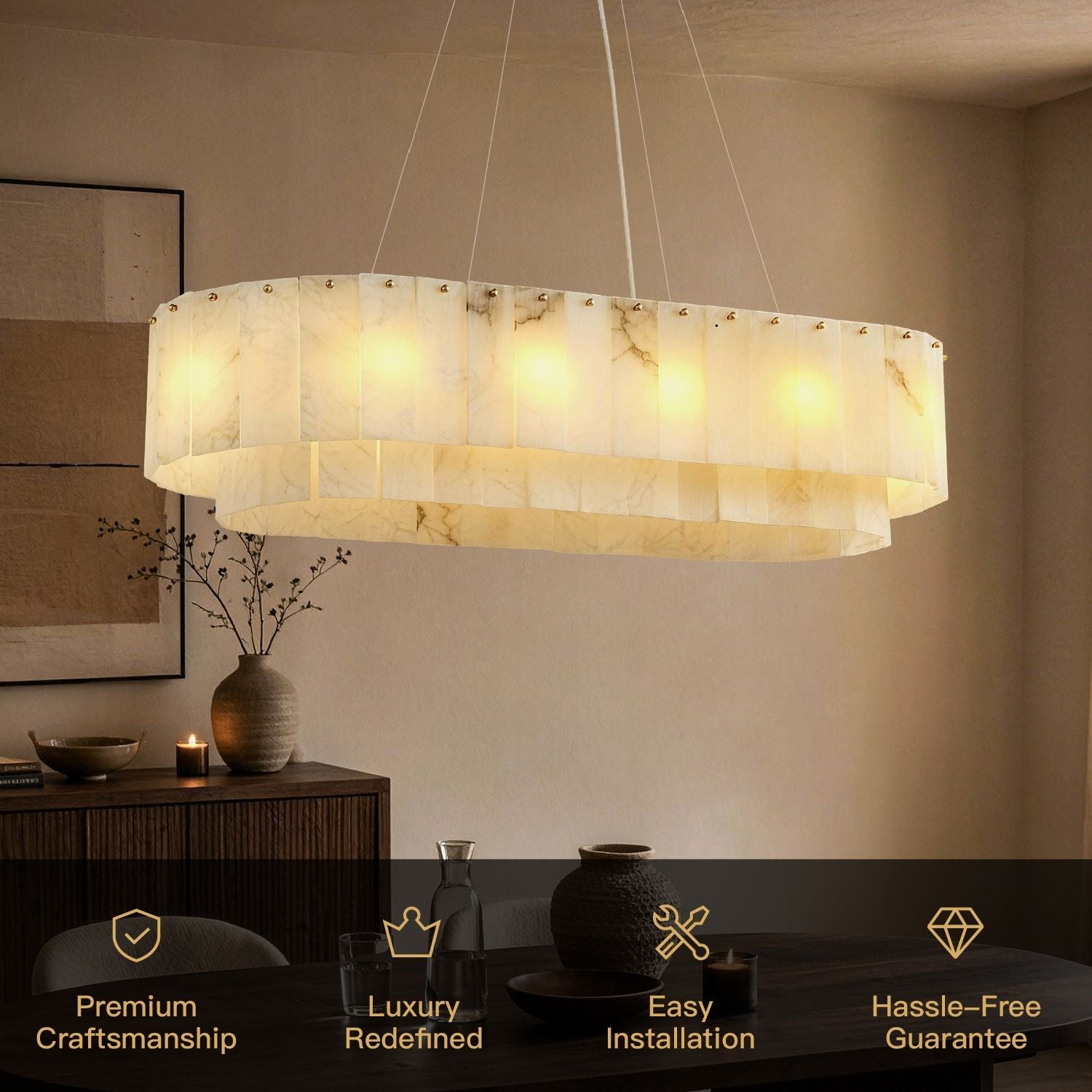 Aethel Modern Natural Alabaster Linear Chandelier key features: Premium Craftsmanship, Luxury Redefined, Easy Installation, Hassle-Free Guarantee — displayed over a dining table with dried floral decor -carra-home