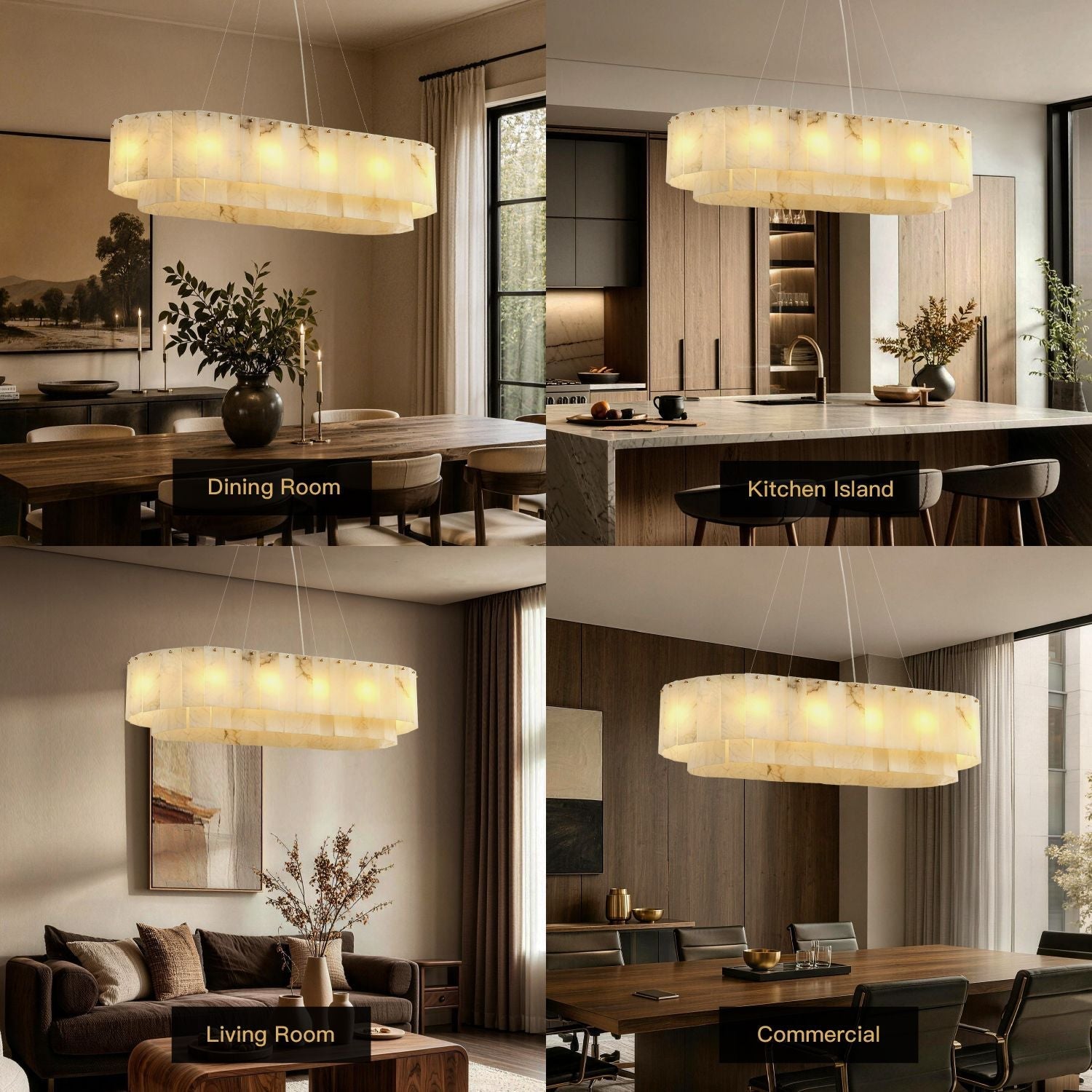 Aethel Modern Natural Alabaster Linear Chandelier in 4 home and commercial scenes: Dining Room (wooden table), Kitchen Island (marble countertop), Living Room (dark sofa), and Commercial (conference table) -carra-home