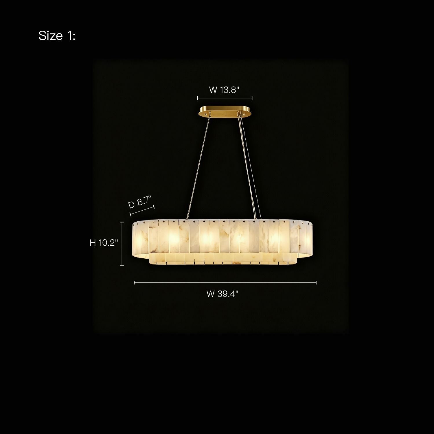Aethel Modern Natural Alabaster Linear Chandelier Size 1 specifications — height 10.2 inches, width 39.4 inches, depth 8.7 inches, adjustable hanging chain for custom installation -carra-home
