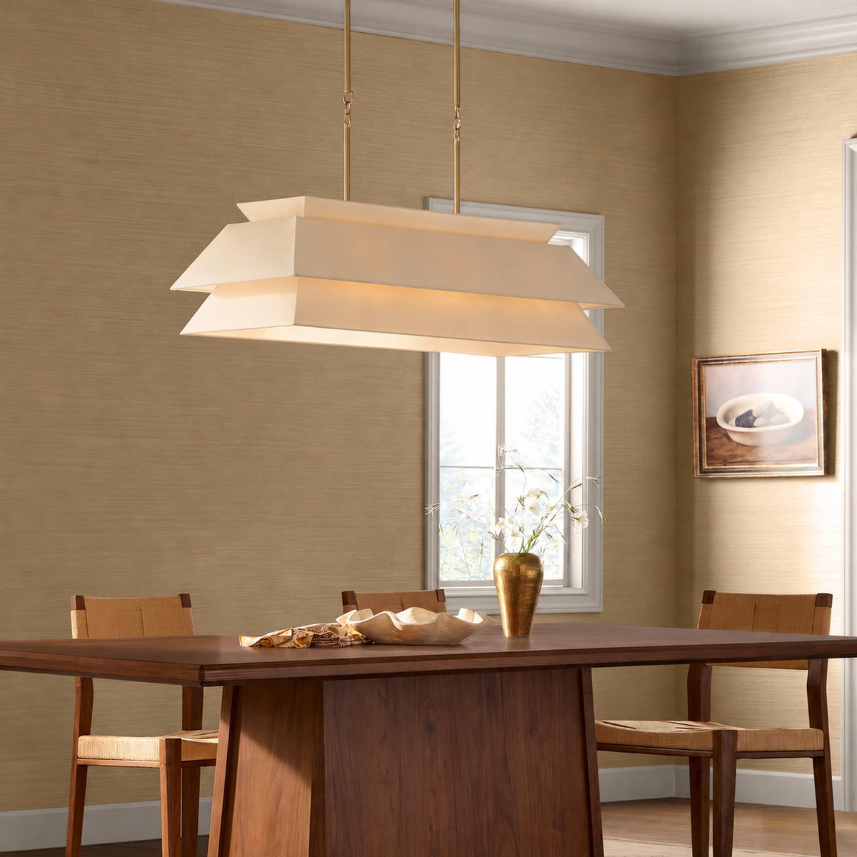 Ainsley antique brass layered chandelier in a grasscloth dining room | CARRA HOME