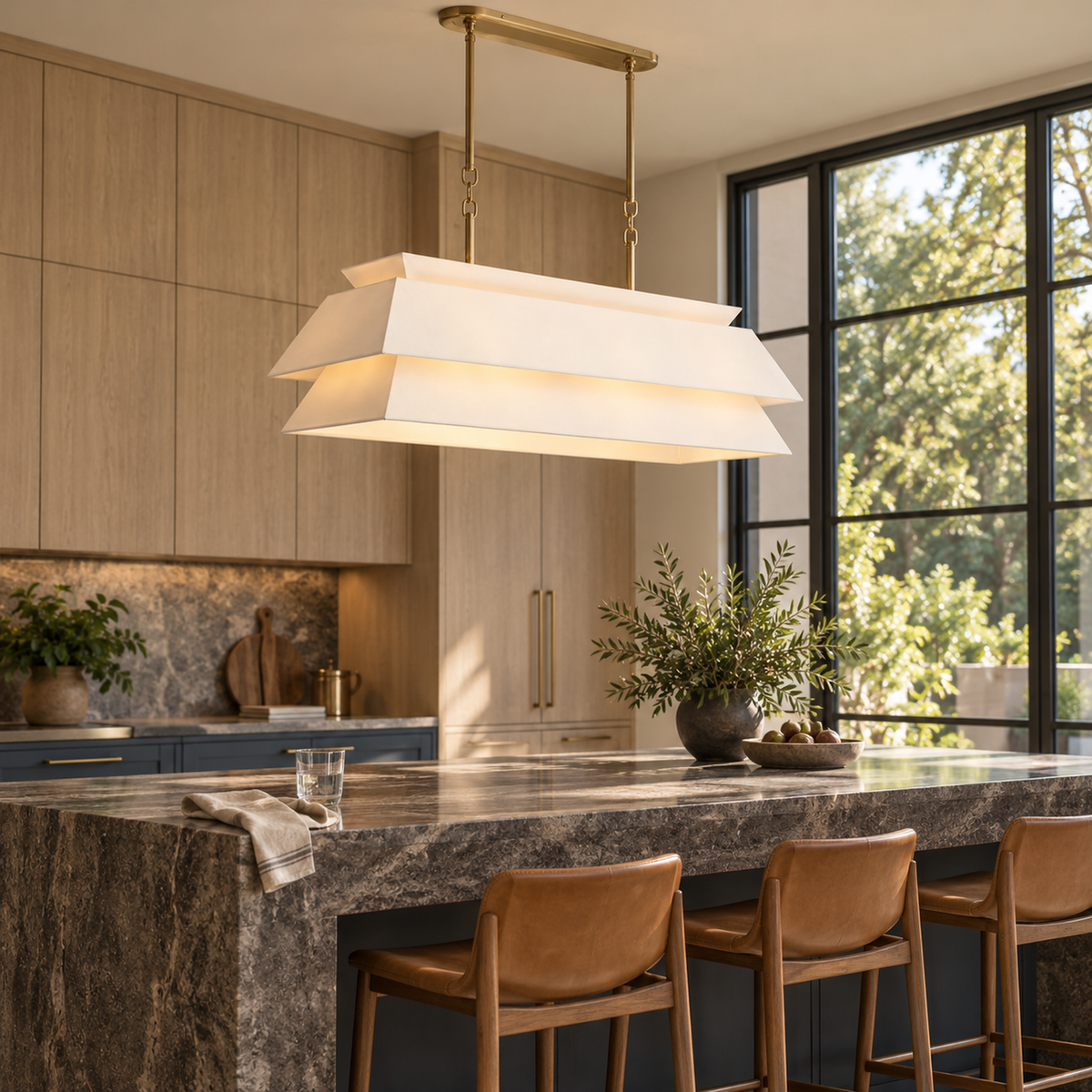 Ainsley antique brass fabric chandelier above a dark stone kitchen island | CARRA HOME