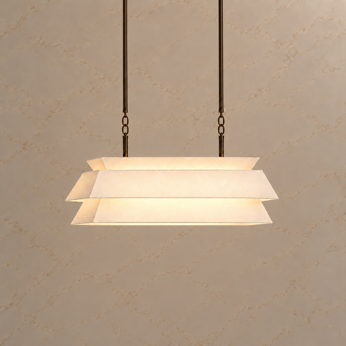 Ainsley bronze fabric chandelier with compact oval links, light on catalog view | CARRA HOME