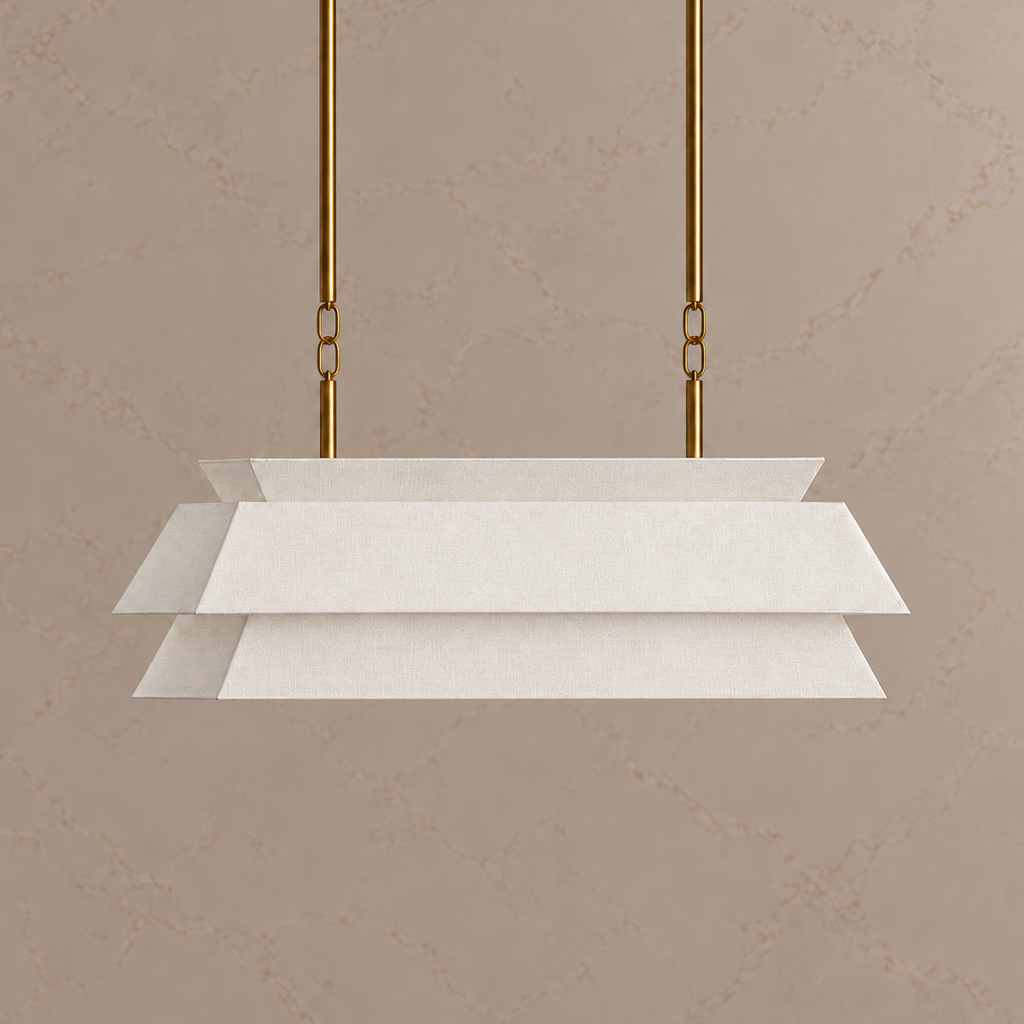Ainsley gold fabric chandelier with compact oval links, light off catalog view | CARRA HOME
