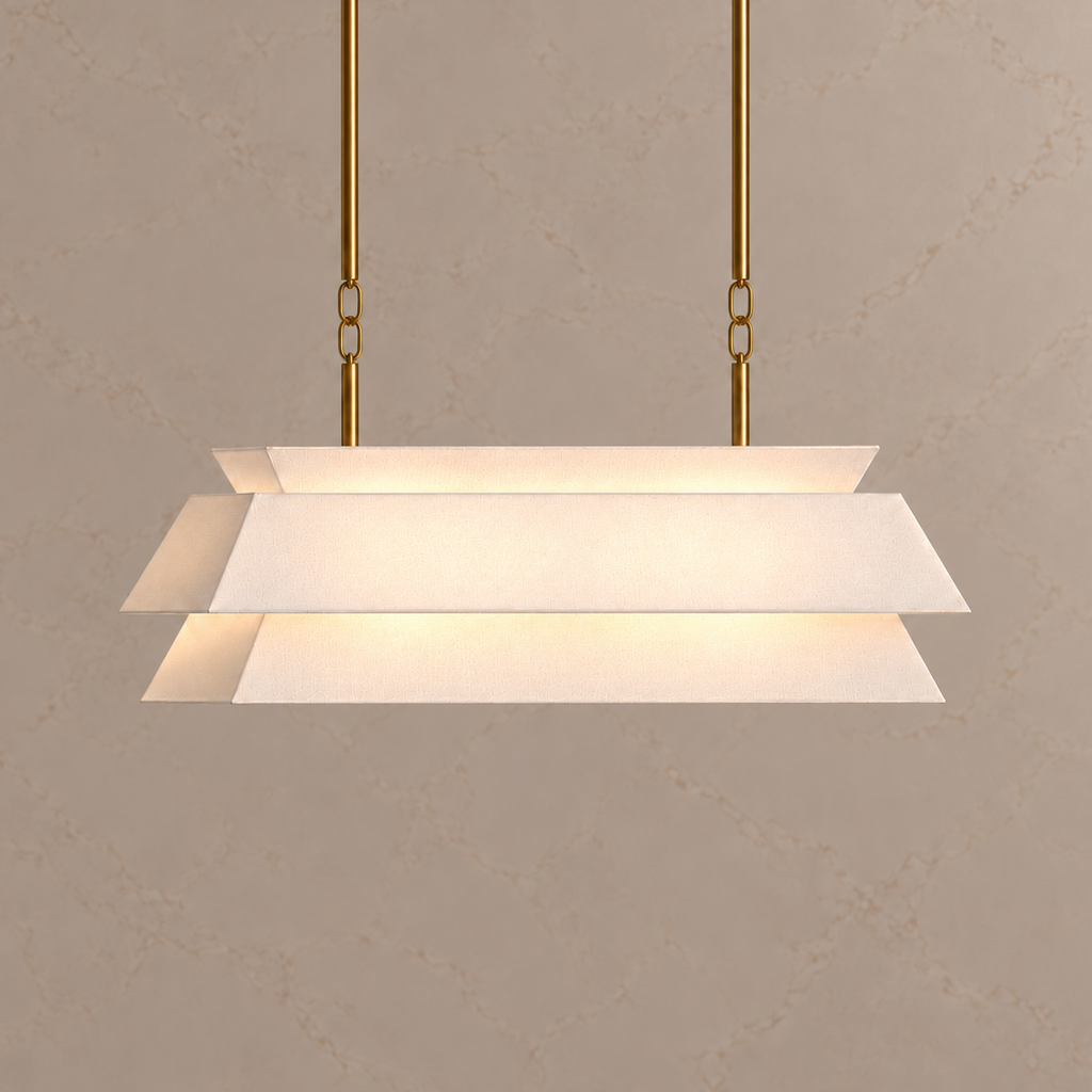 Ainsley gold fabric chandelier with compact oval links, light on catalog view | CARRA HOME
