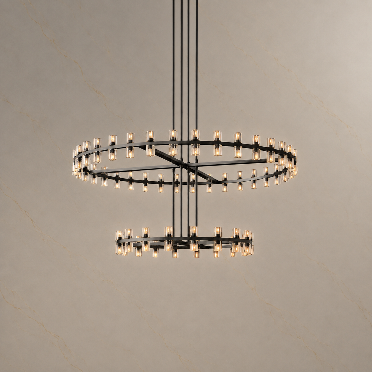 Akachon Glass Two-Tier Ring Chandelier in black, light on