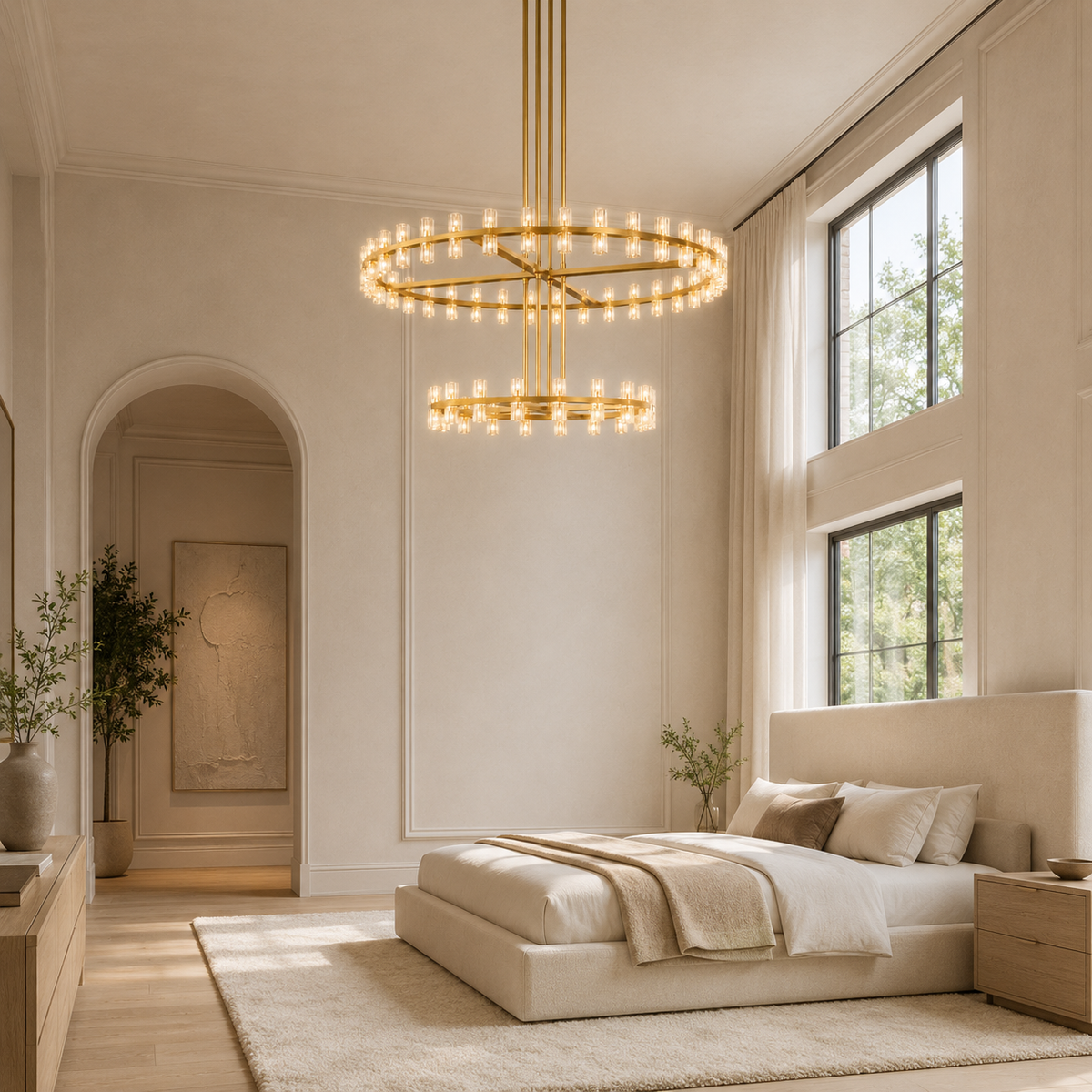 Akachon Glass Two-Tier Ring Chandelier in gold in a bedroom