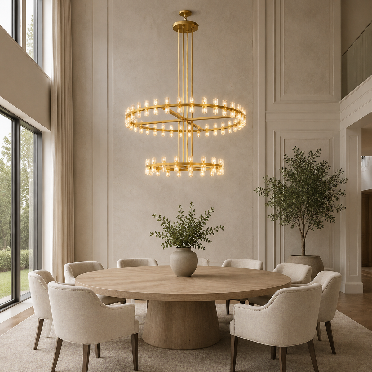 Akachon Glass Two-Tier Ring Chandelier in gold in a dining room