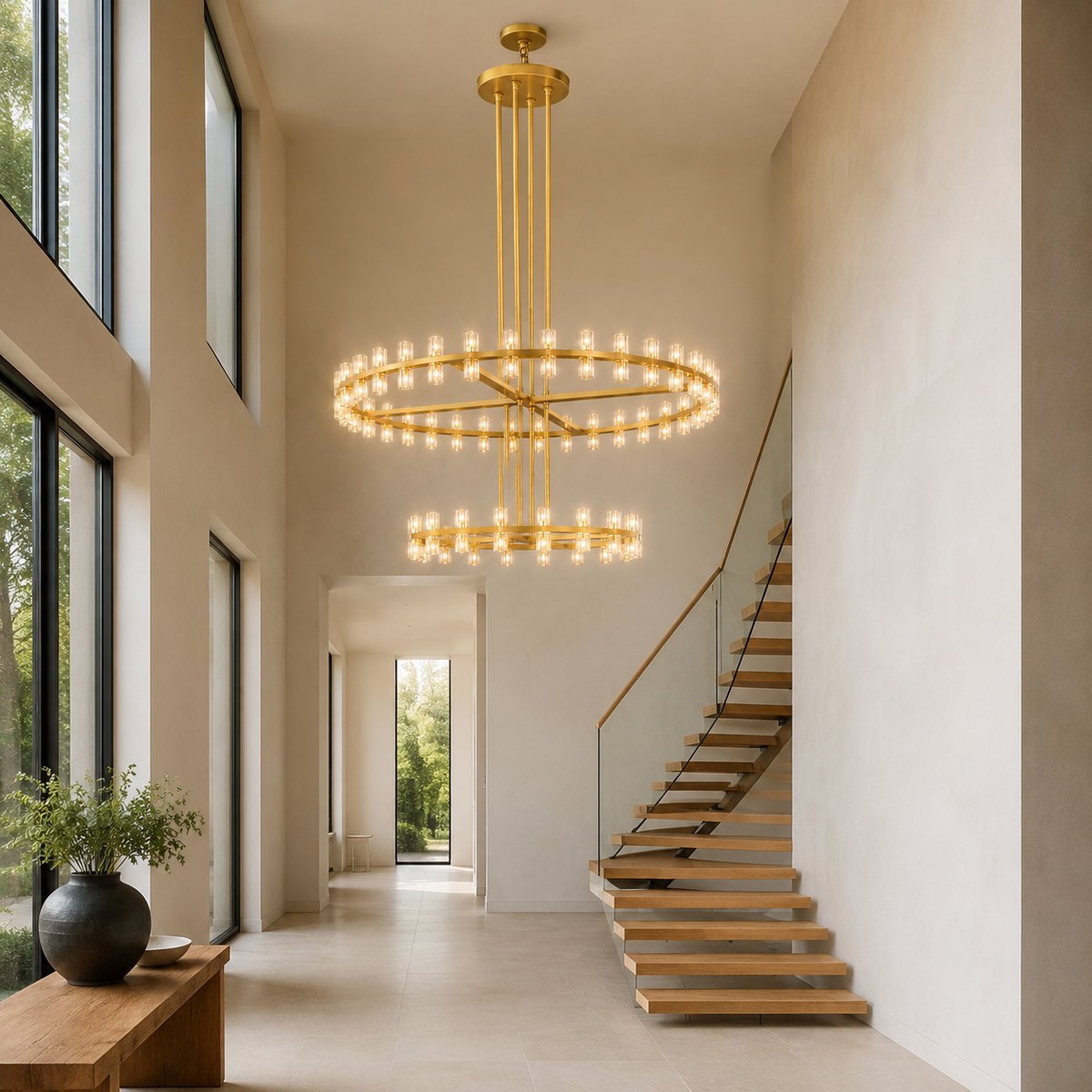 Akachon Glass Two-Tier Ring Chandelier in gold in a foyer