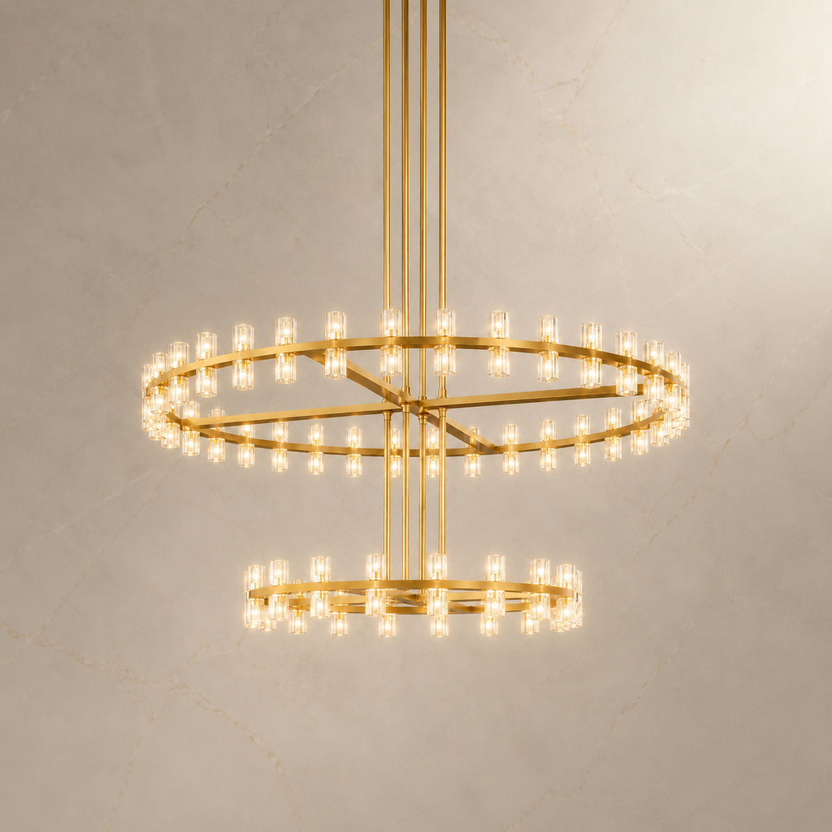 Akachon Glass Two-Tier Ring Chandelier in gold, light on